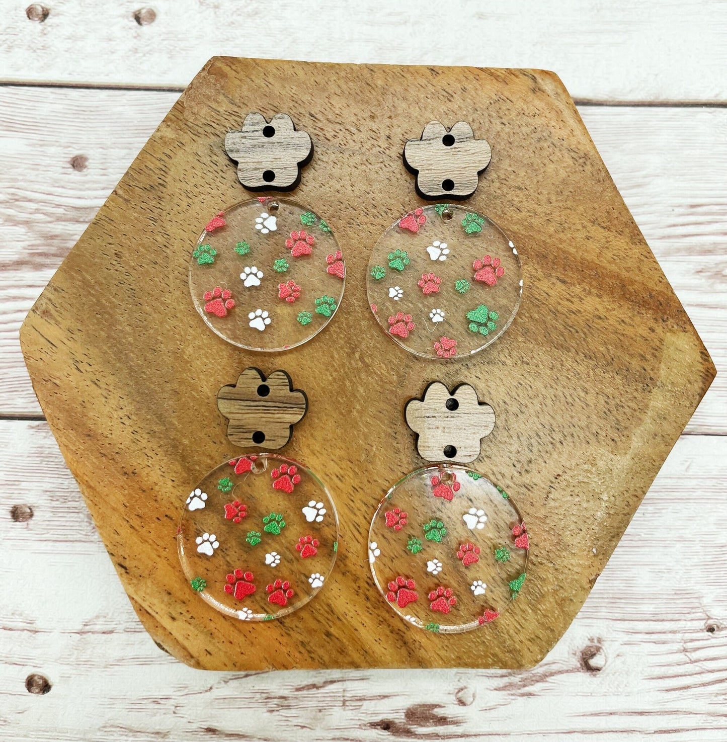 Christmas Paw Print Acrylic and Wood Paw Connector Set Earring Blanks, DIY Jewelry Making