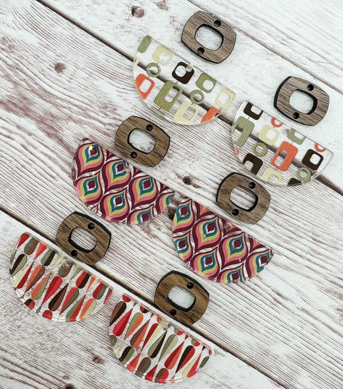 Set of 3 Pair Geometric Print Acrylic and Wood Boho Connector Set, Earring Blanks, DIY Jewelry Making