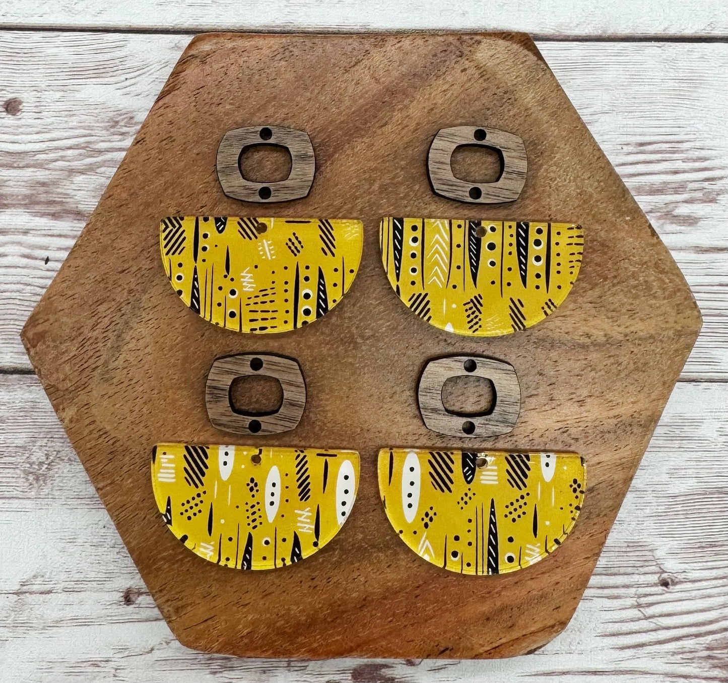 Mustard Print Acrylic and Wood Boho Connector Set Earring Blanks, DIY Jewelry Making