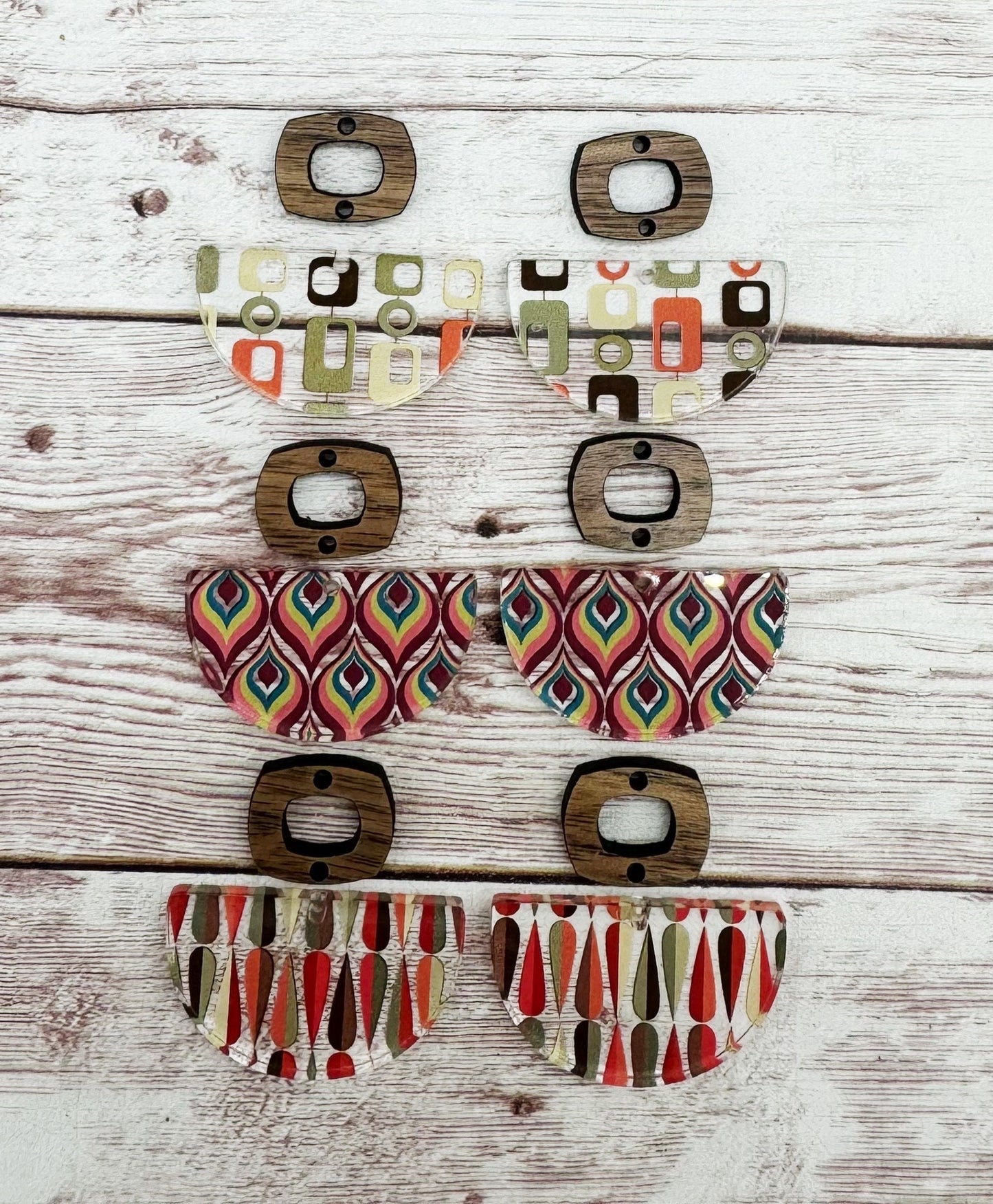 Set of 3 Pair Geometric Print Acrylic and Wood Boho Connector Set, Earring Blanks, DIY Jewelry Making