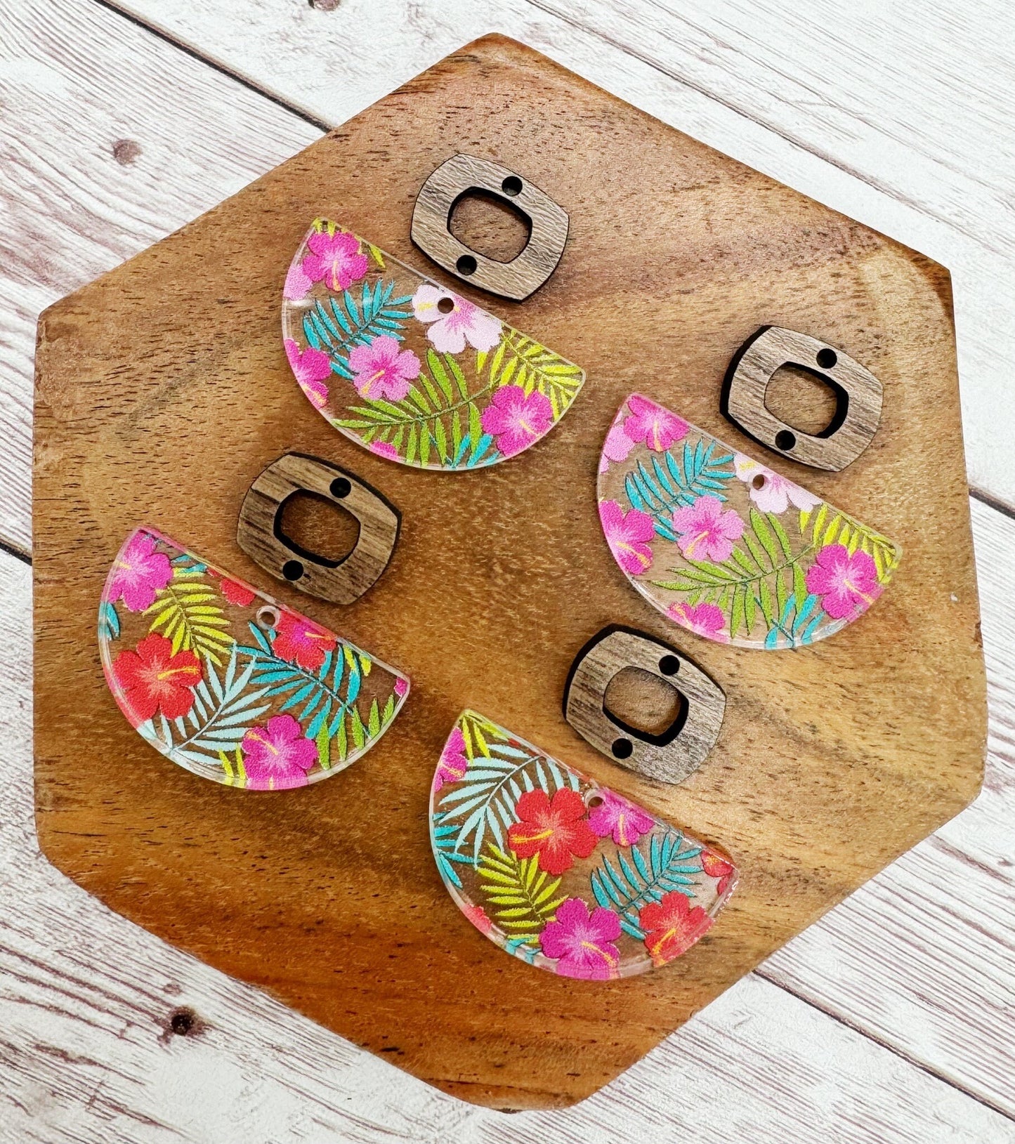 Set of 2 Pair Tropical Hibiscus Acrylic and Wood Boho Connector Set, Earring Blanks, DIY Jewelry Making