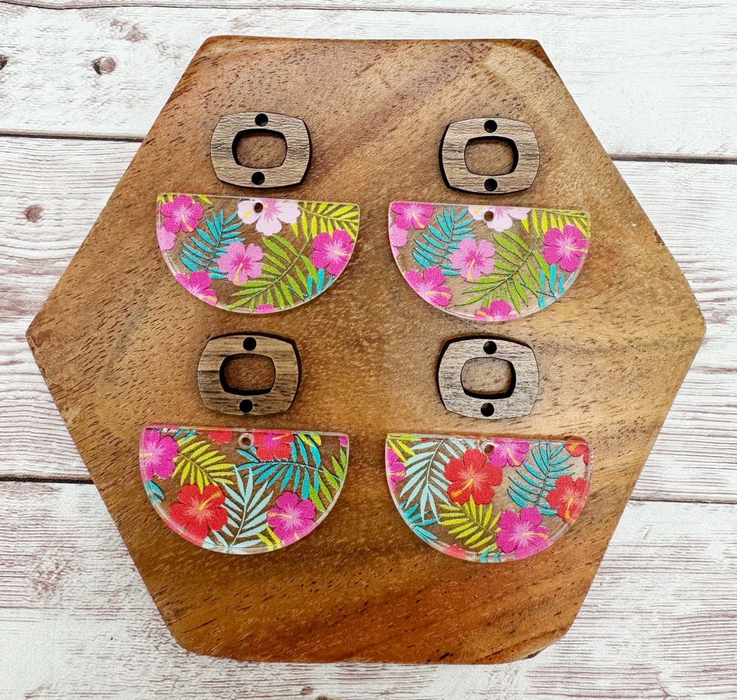 Set of 2 Pair Tropical Hibiscus Acrylic and Wood Boho Connector Set, Earring Blanks, DIY Jewelry Making