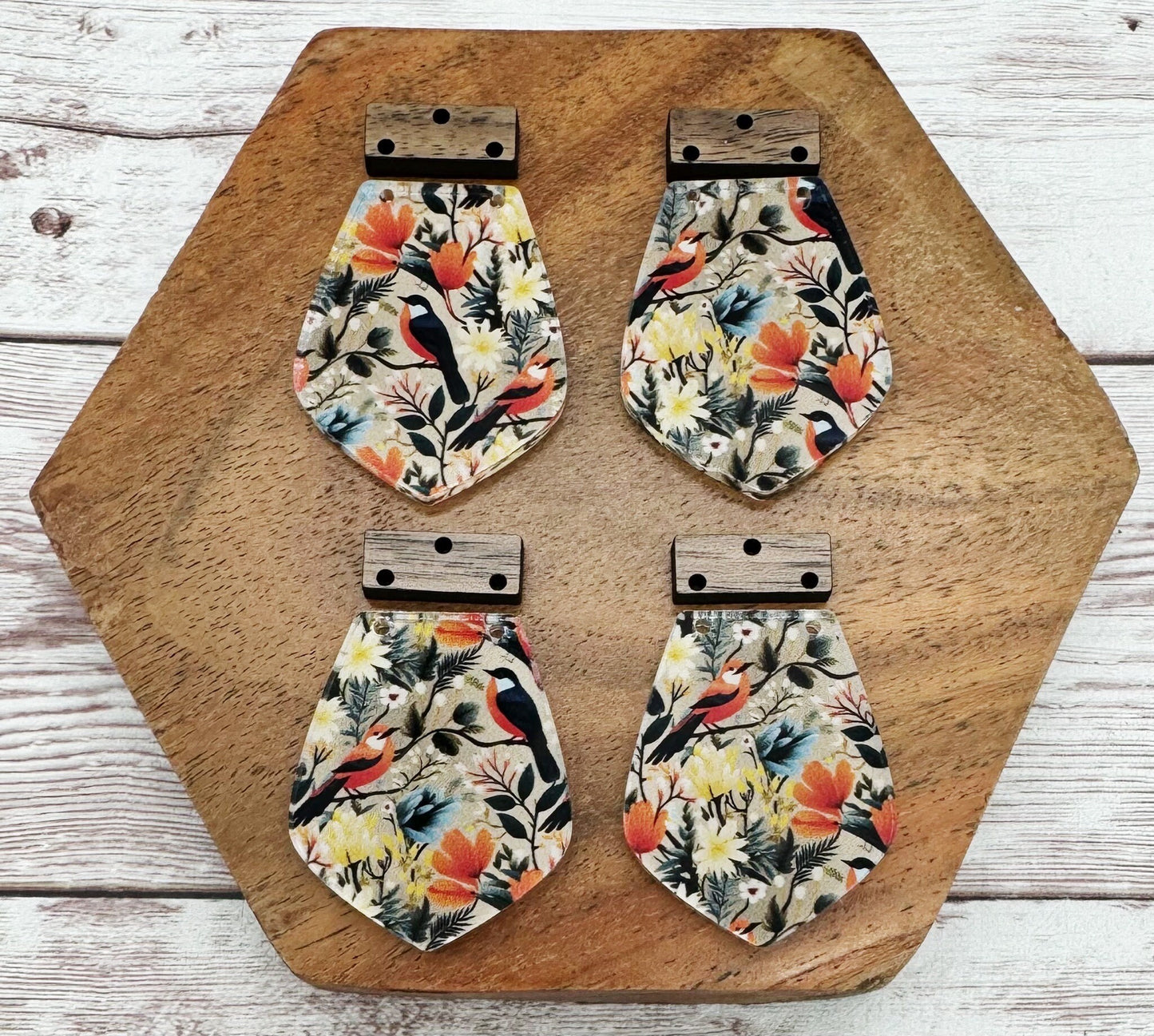 Floral Bird Print Print Acrylic and Wood Set Earring Blanks, DIY Jewelry Making