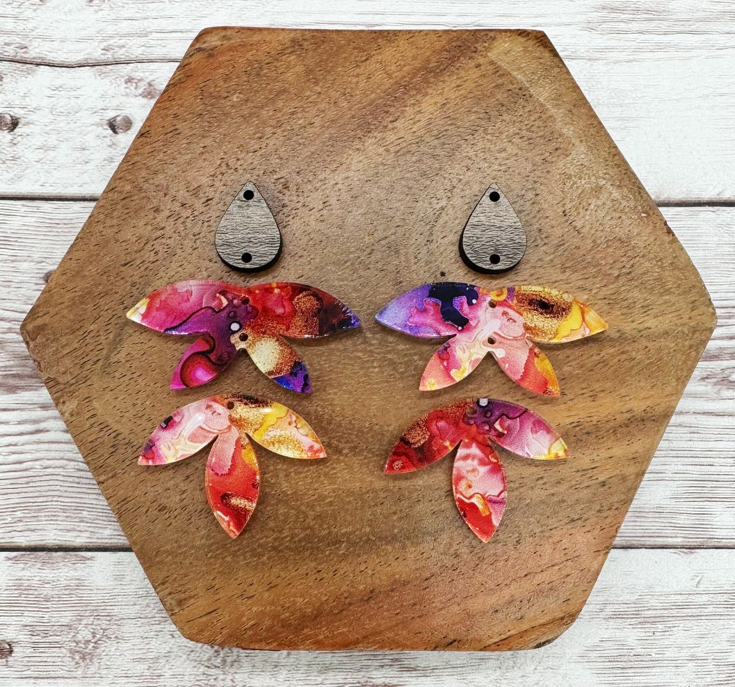 Tropical Ink Print Acrylic Leaf Set With Wood Connector Earring Blanks, DIY Jewelry Making