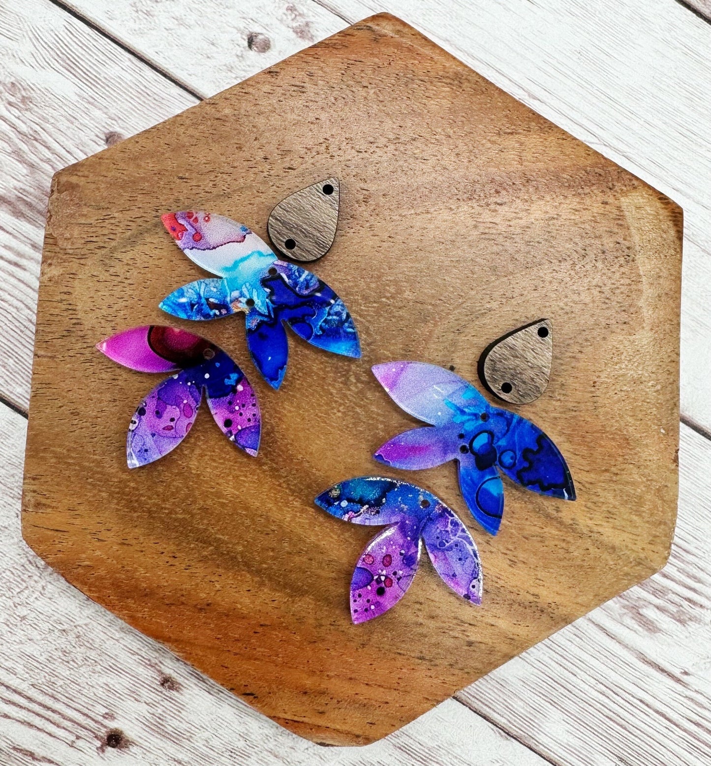 Tropical Ink Print Acrylic Leaf Set With Wood Connector Earring Blanks, DIY Jewelry Making