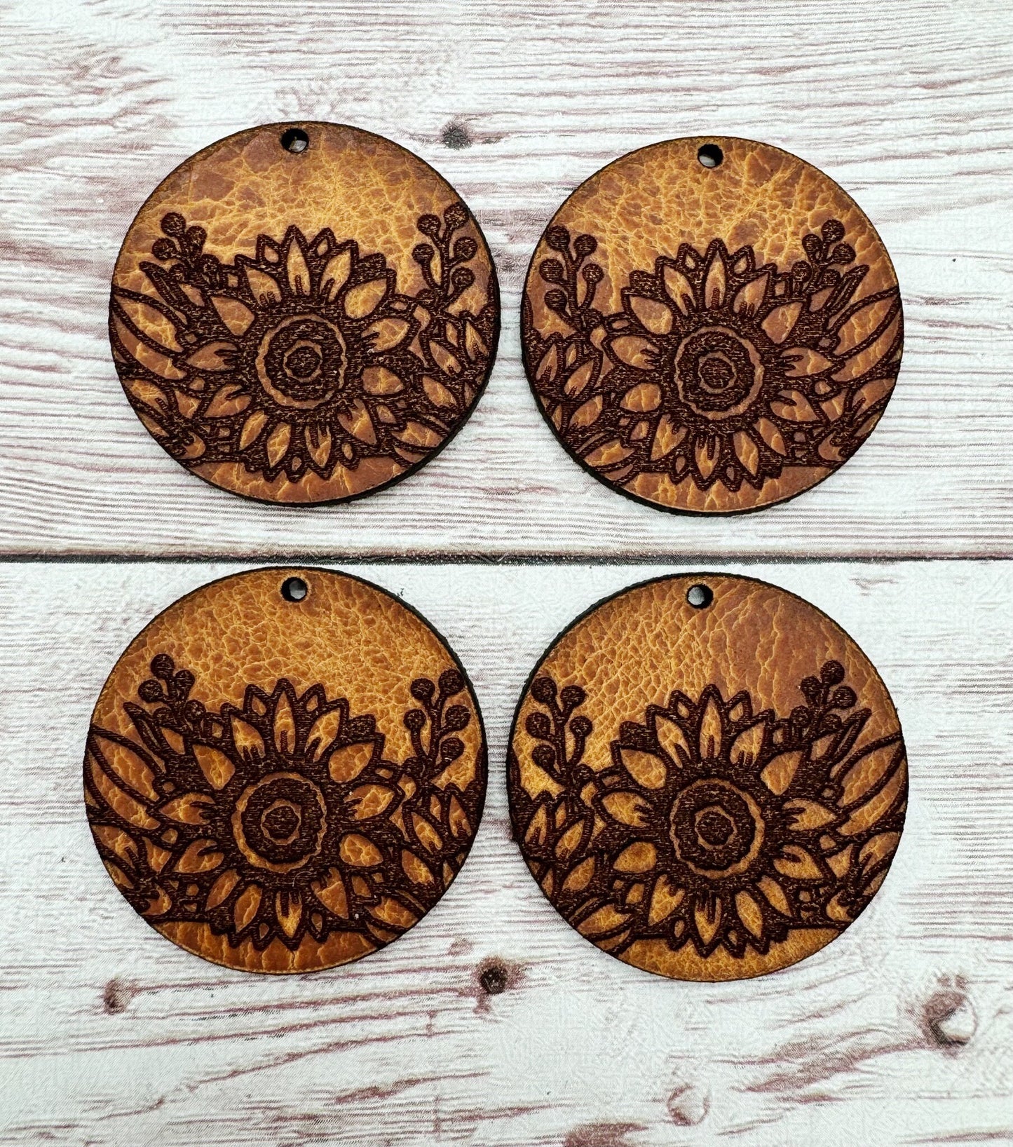 Engraved Vegetable Tanned Leather Sunflower Round Earring Blanks, DIY Jewelry Making