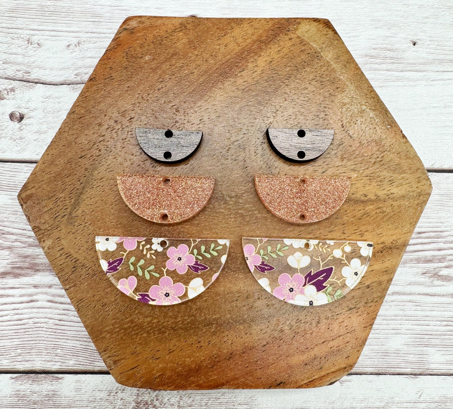 Cherry Blossom Print Acrylic, Pink Glitter, and Wood Semicircle Trio Set Earring Blanks, DIY Jewelry Making