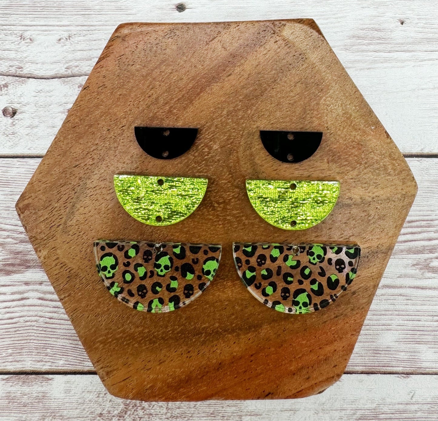 Leopard Print Green Skull Acrylic, Linen Shimmer, and Black Acrylic Trio Earring Blanks, DIY Jewelry Making