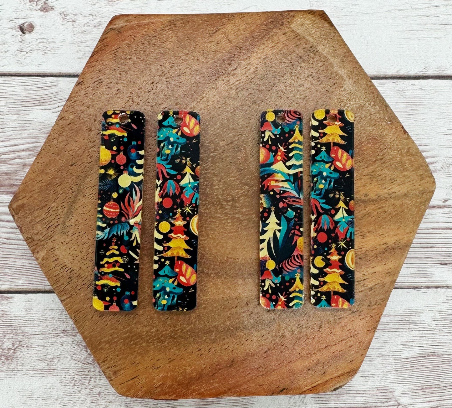 Patterned Winter Christmas Tree Print Bar Acrylic Earring Blanks, DIY Jewelry Making