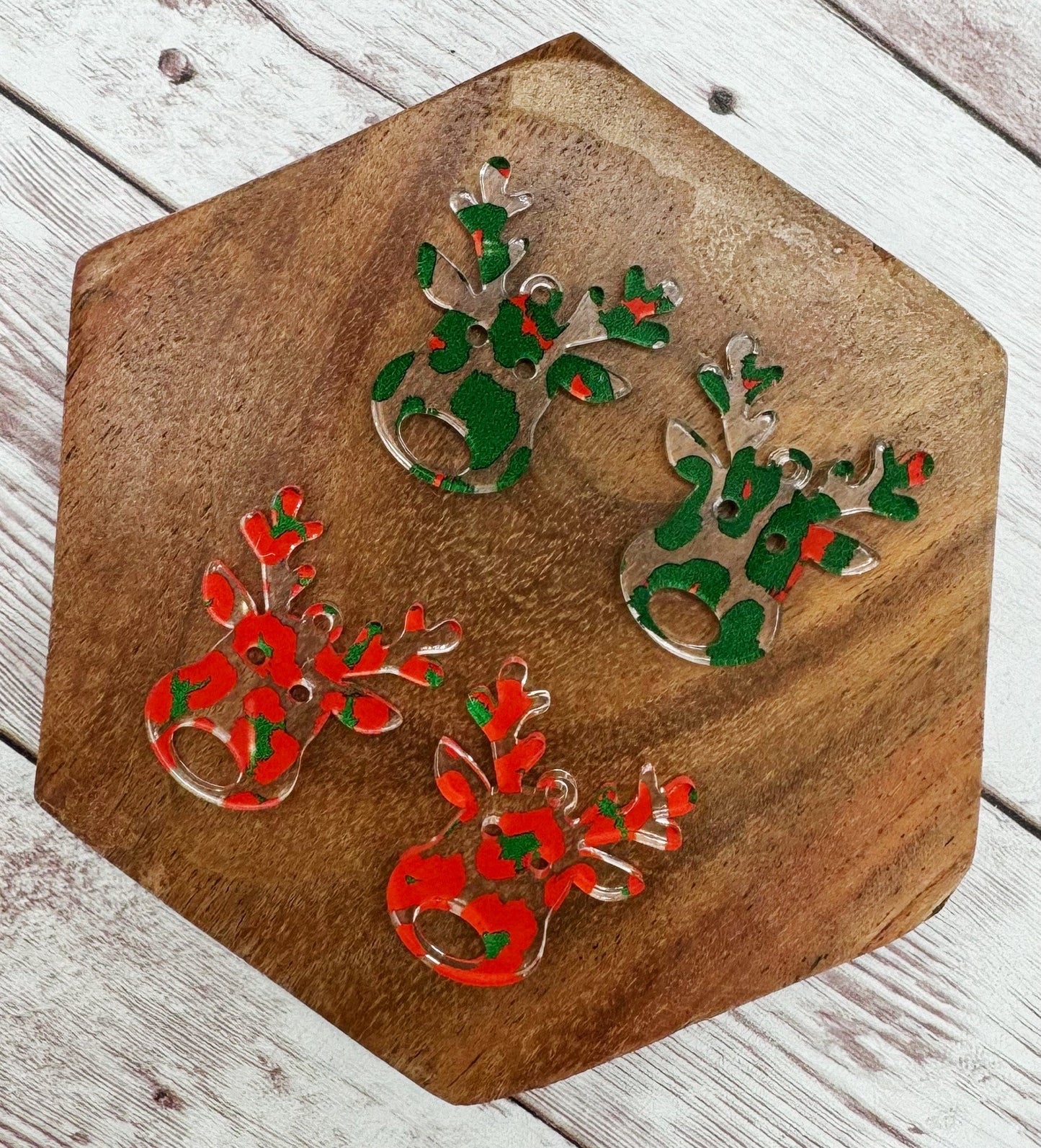 Set of 2 Pair Red and Green Leopard Print Reindeer Acrylic Earring Blanks DIY Jewelry Making