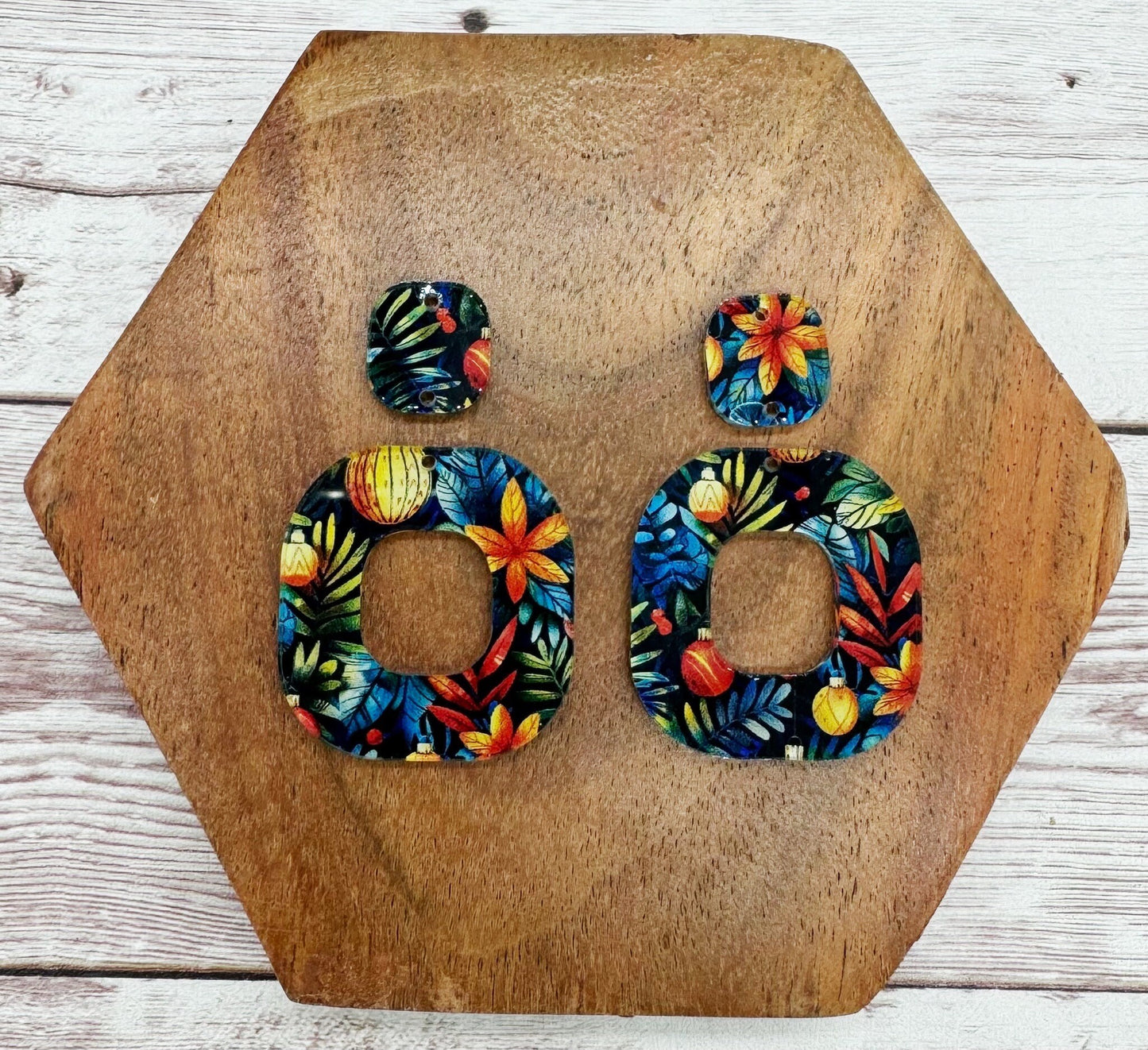 Tropical Floral Print Christmas Holiday Acrylic Rounded Open Square With Connector Earring Set Blanks, DIY Jewelry Making