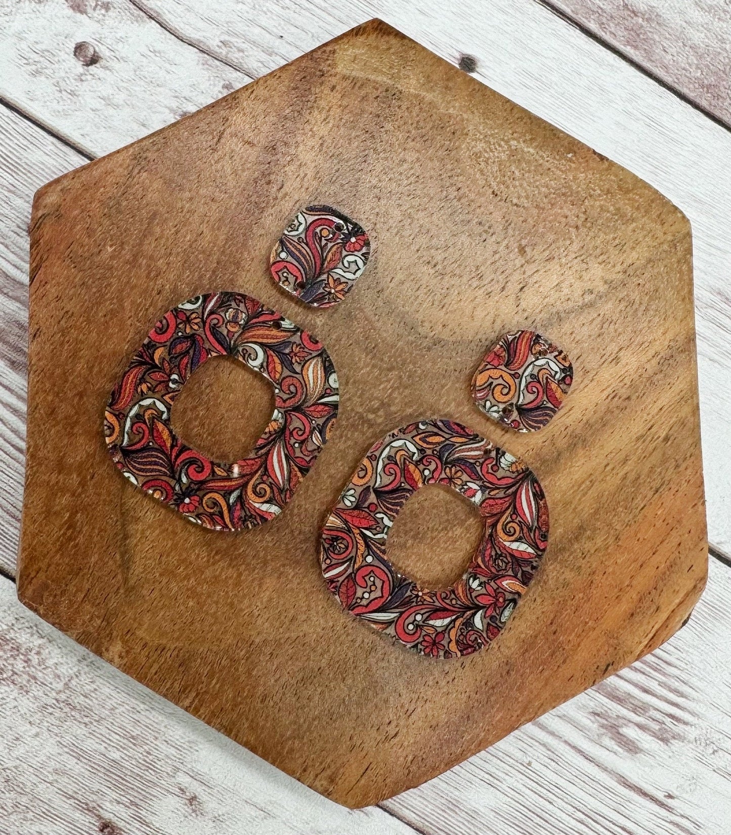 Patterned Fall Filigree Print Acrylic Rounded Open Square and Connector Set Earring Blanks, DIY Jewelry Making
