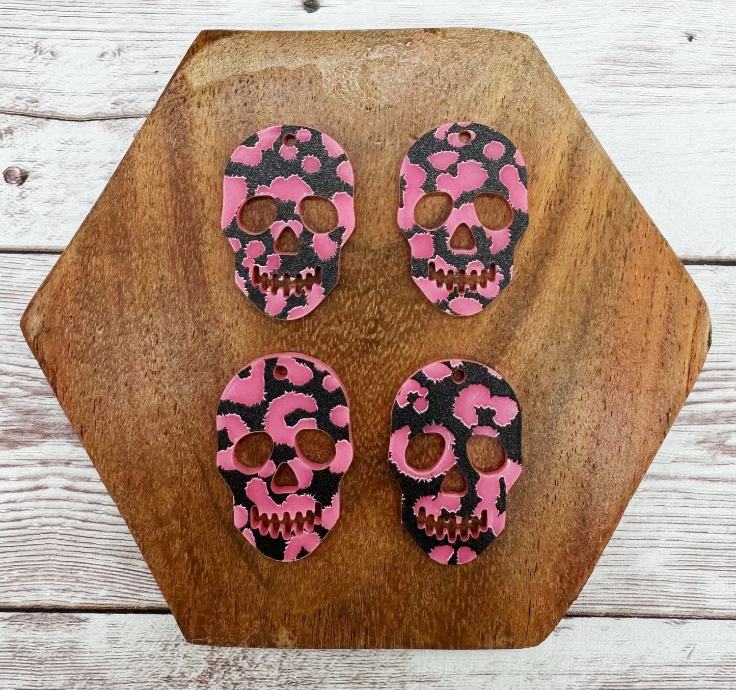 Pink Leopard Print Sugar Skull Halloween Acrylic Earring Blanks, DIY Jewelry Making