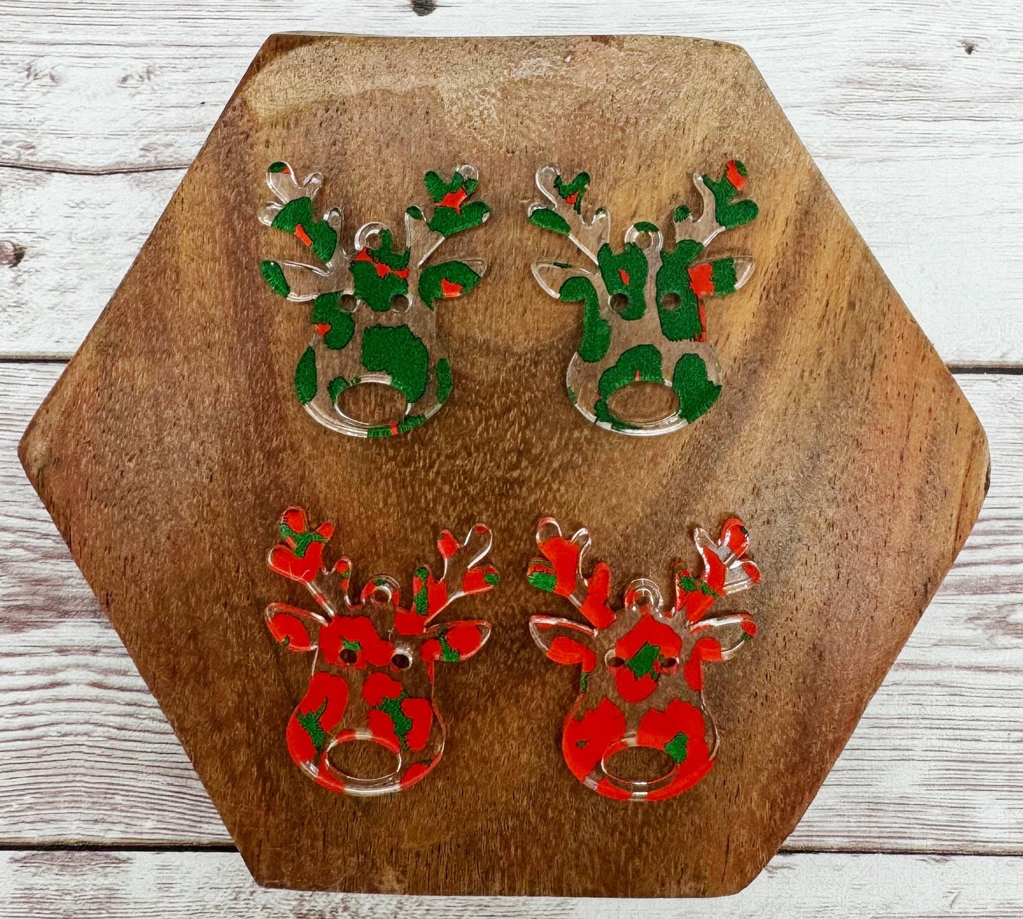 Set of 2 Pair Red and Green Leopard Print Reindeer Acrylic Earring Blanks DIY Jewelry Making