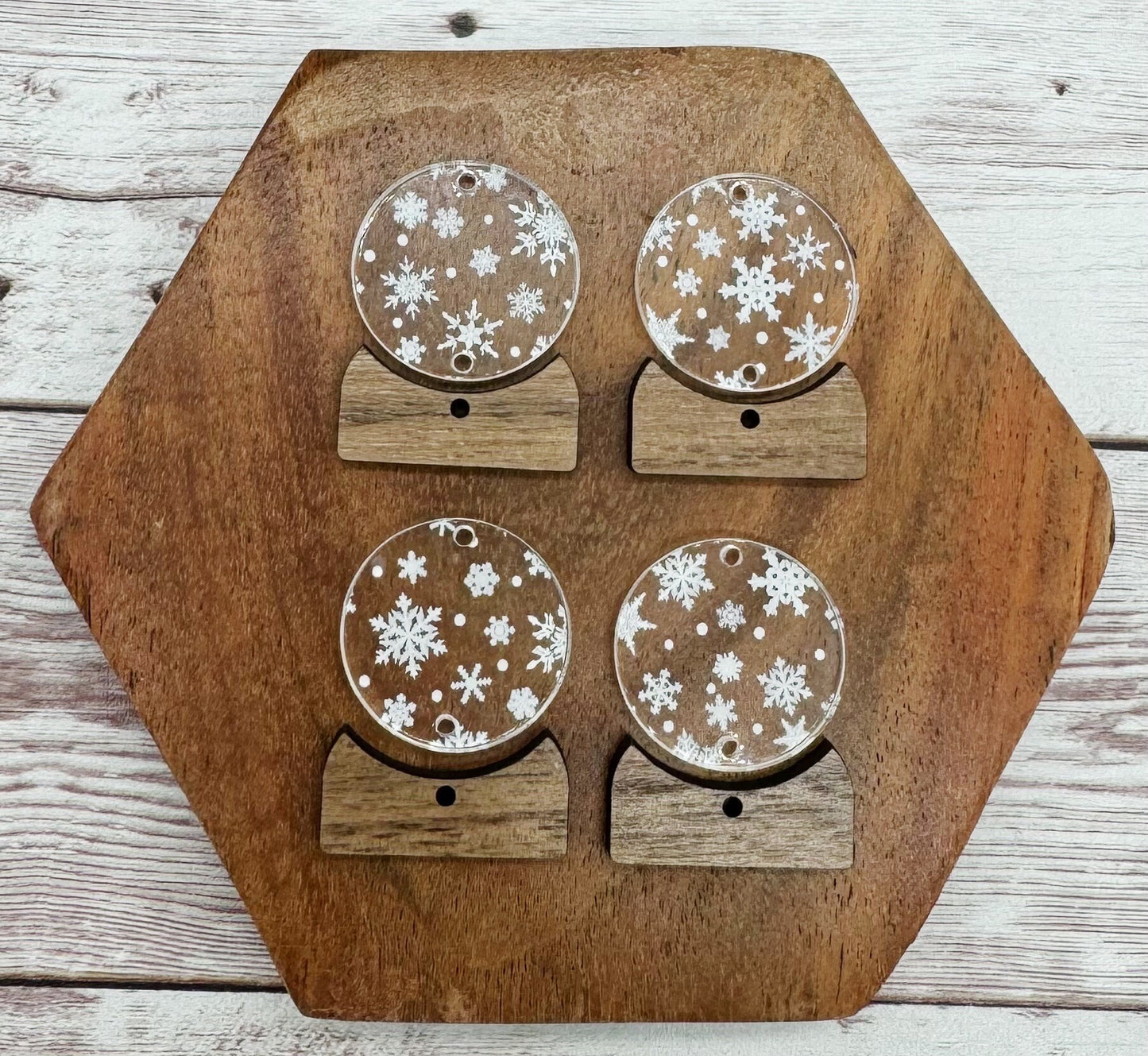 Winter Snowflake Print Snowglobe Wood and Acrylic Set Earring Blanks, DIY Jewelry Making