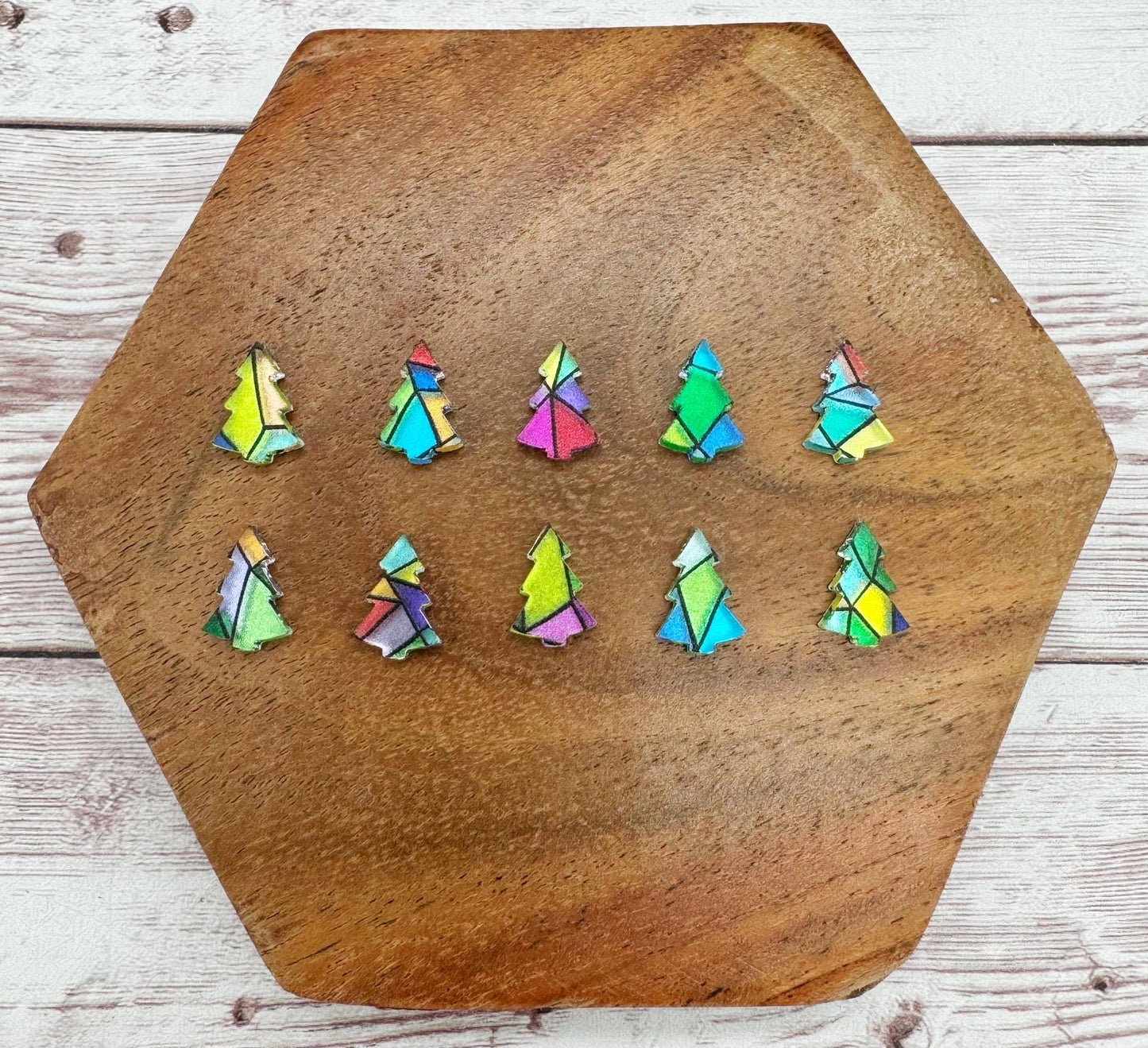 Stained Glass Print Acrylic Christmas Tree Stud Earring Blanks Set of 5 Pair DIY Jewelry Making