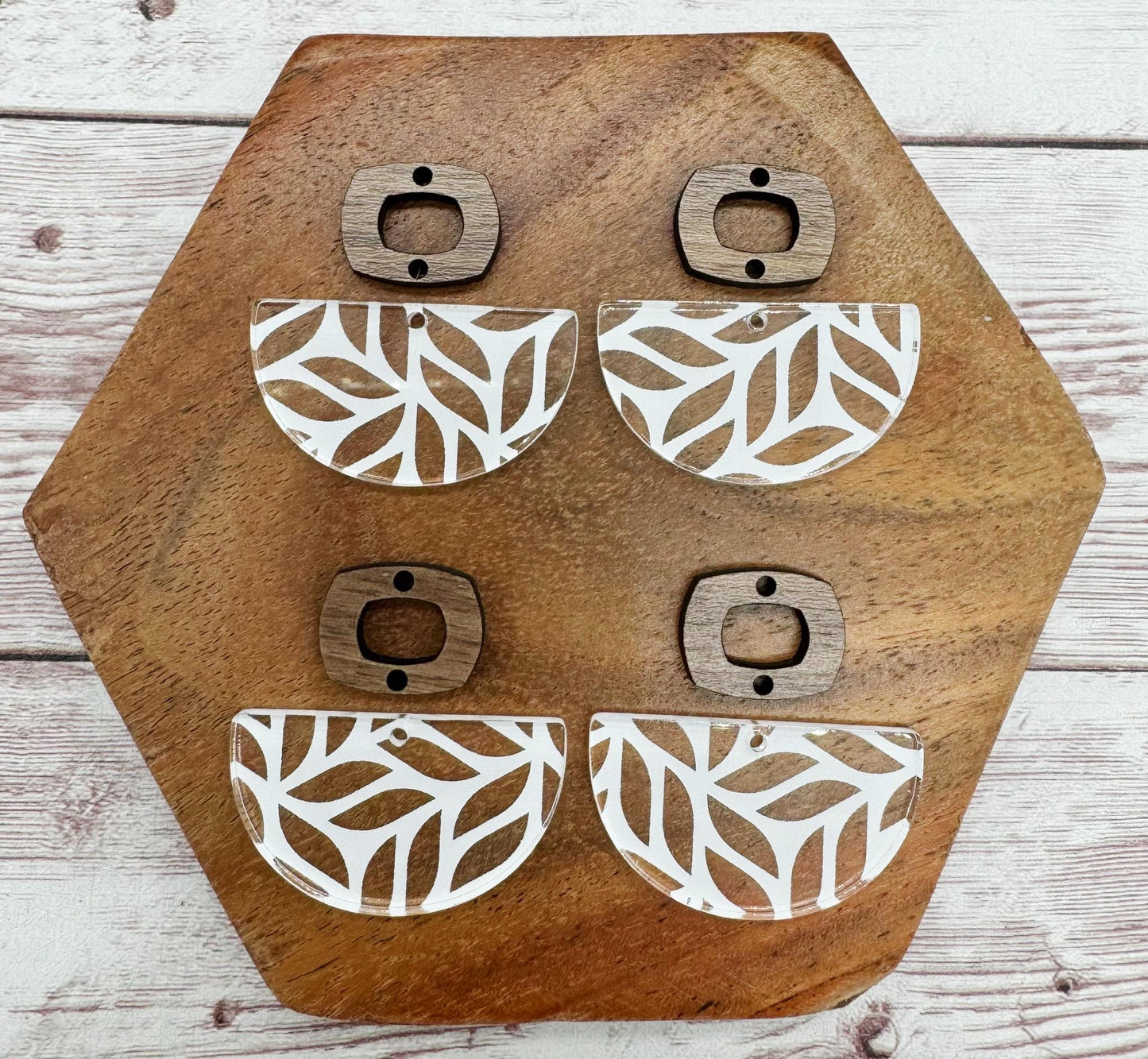 White Leaf Print Acrylic and Wood Boho Connector Set Earring Blanks, DIY Jewelry Making