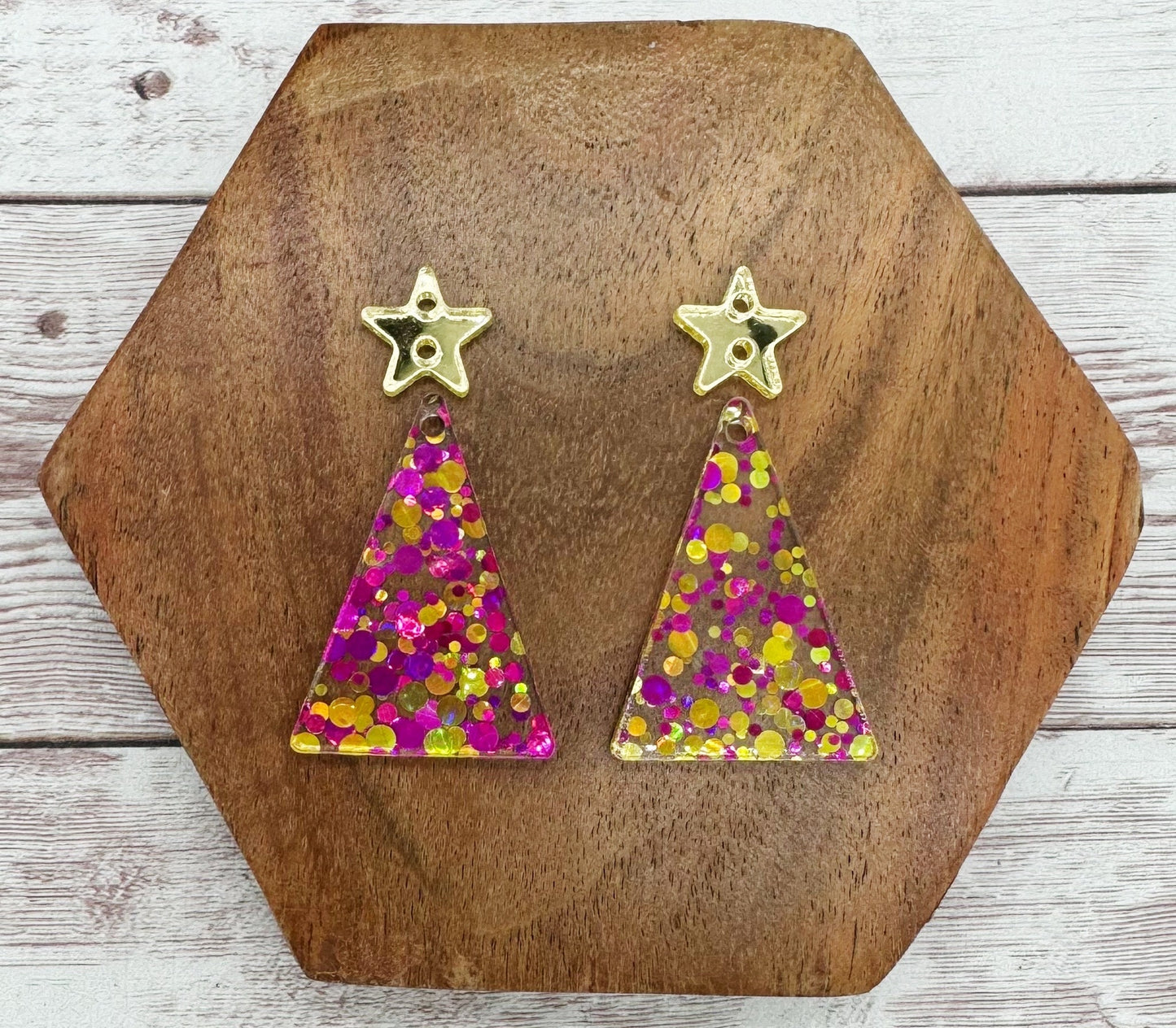 Pink Glitter Dot Christmas Tree with Mirrored Gold Star Connector Acrylic Earring Blanks, DIY Jewelry Making