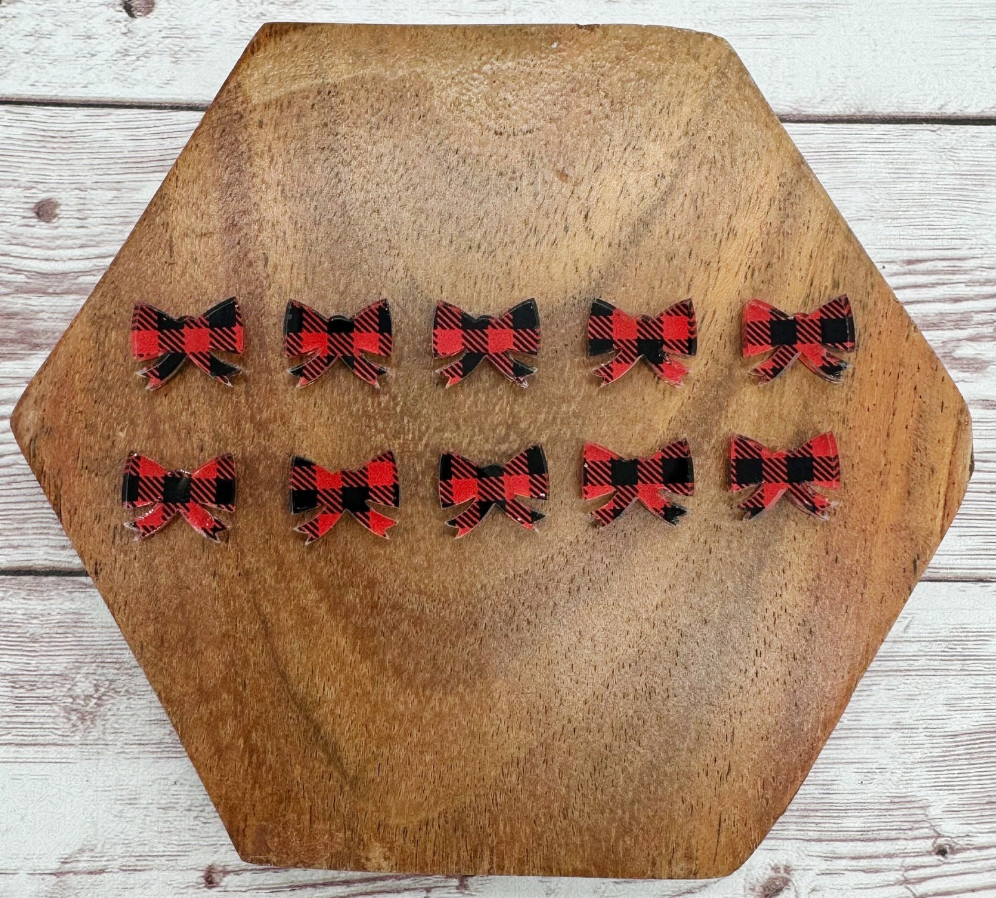 Red Buffalo Plaid Acrylic Christmas Bow Stud Earring Blanks Set of 5 Pair DIY Jewelry Making