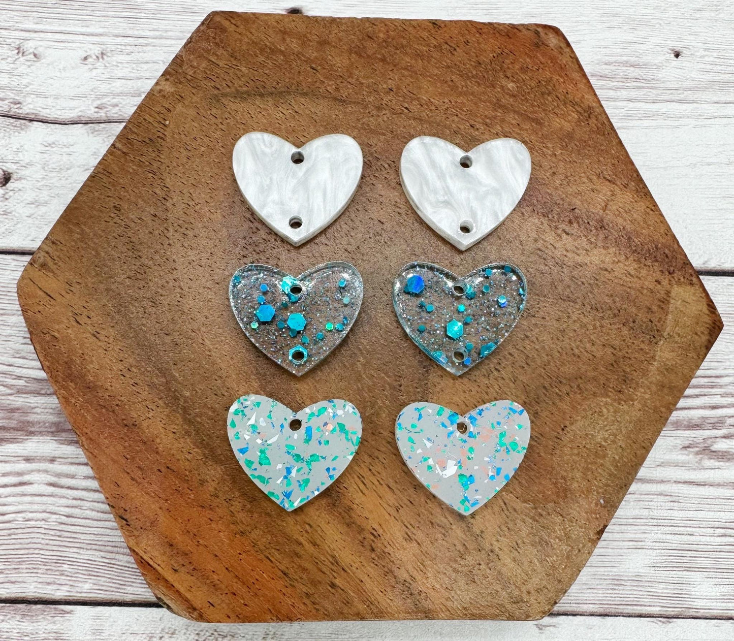 Blue Green Beach Tone Acrylic Heart Valentine Trio Earring Blanks, DIY Jewelry Making