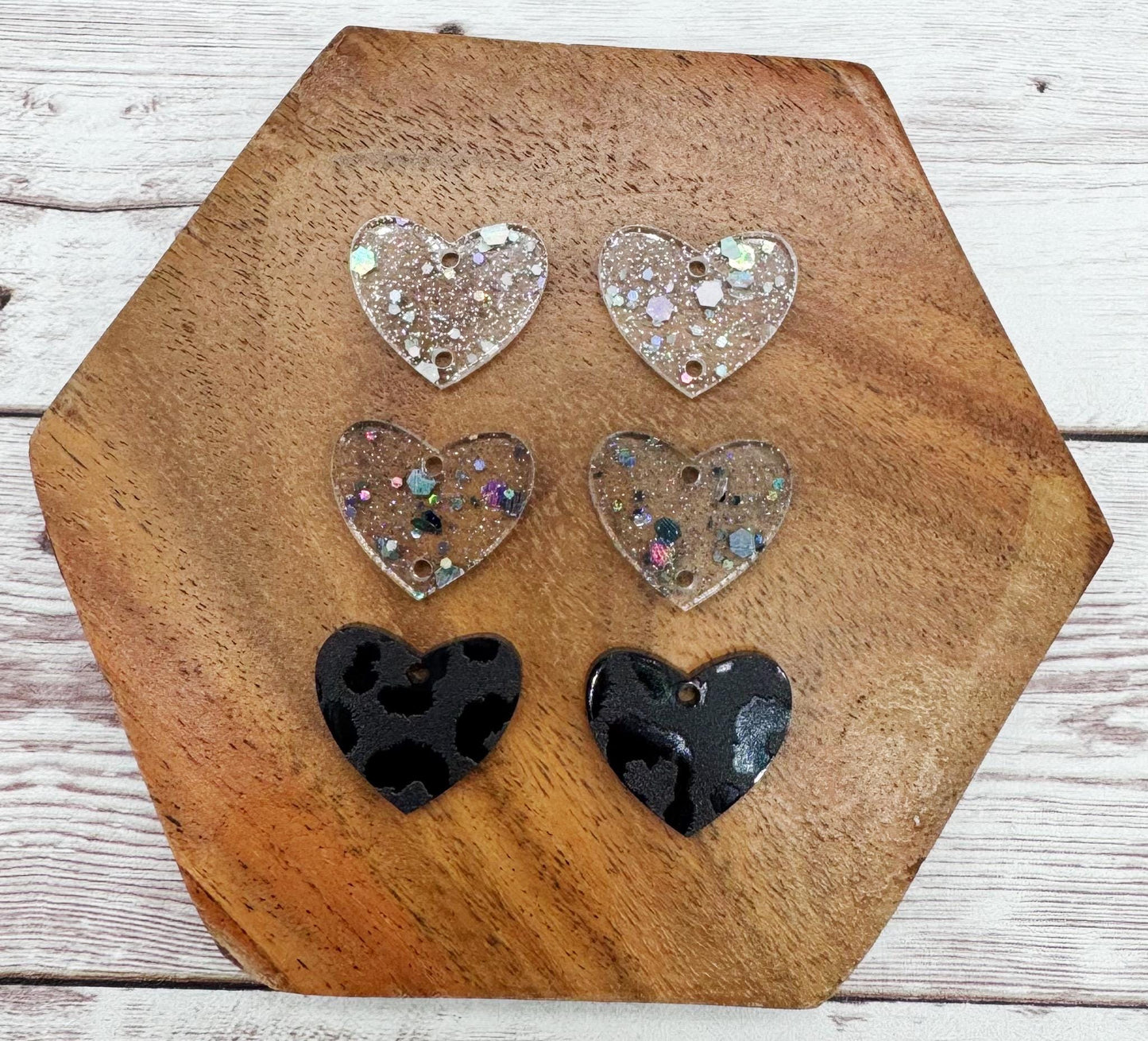 Black Leopard Print Glitter Acrylic Heart Valentine Trio Earring Blanks, DIY Jewelry Making