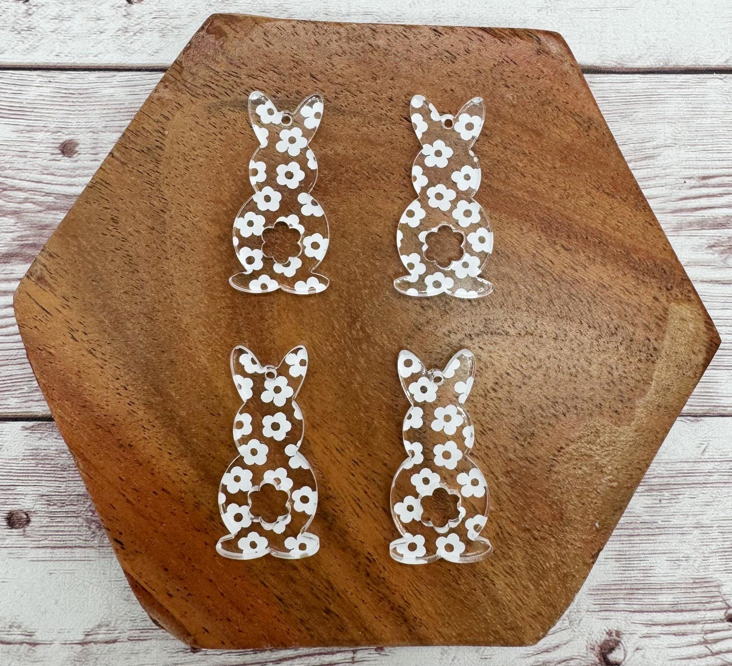 Set of 2 Pair White Flower Print Bunny Easter Acrylic Dangle Blanks DIY Jewelry Making
