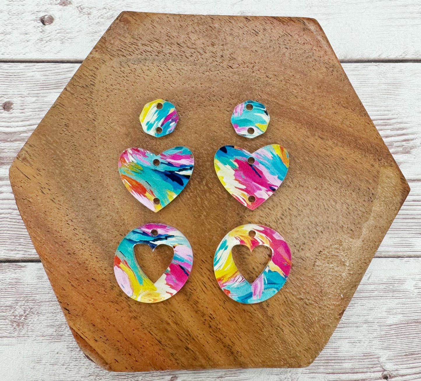 Multicolor Brushstroke Print Acrylic Heart Valentine Trio Earring Blanks, DIY Jewelry Making