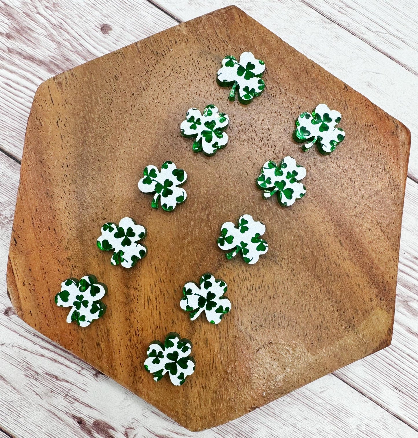 Green and White Mirrored Shamrock Acrylic Stud Earring Blanks Set of 5 Pair DIY Jewelry Making