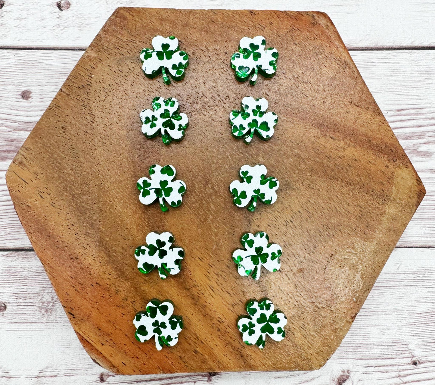 Green and White Mirrored Shamrock Acrylic Stud Earring Blanks Set of 5 Pair DIY Jewelry Making