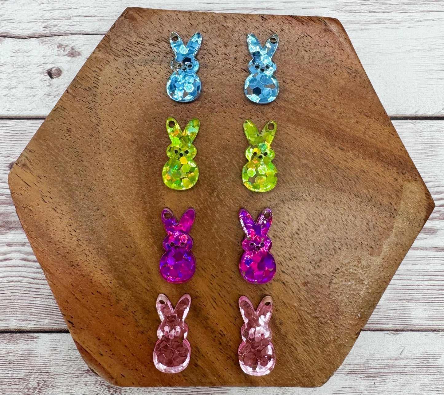 Set of 4 Pair Marshmallow Bunny Glitter Acrylic Dangle Blanks DIY Jewelry Making