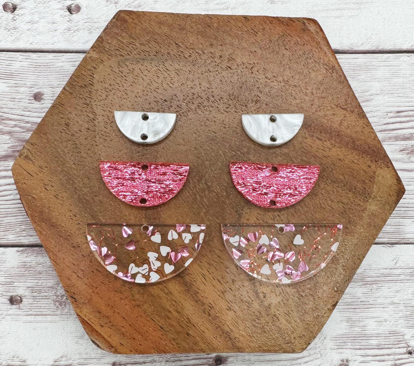 Pink White Heart Glitter Valentine Semicircle Trio Acrylic Earring Blanks, DIY Jewelry Making