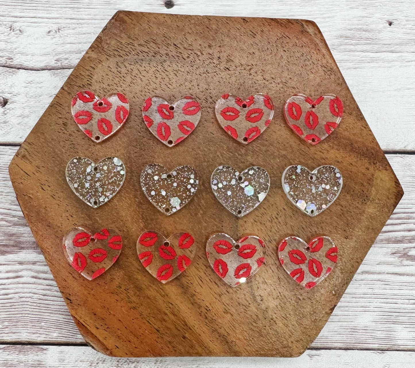Red Kiss Lips and Glitter Acrylic Heart Valentine Trio Earring Blanks, DIY Jewelry Making