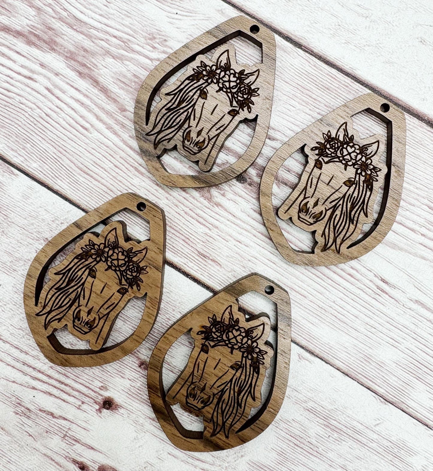 Engraved Floral Horse Earring Blanks, Finished Walnut Blank, DIY Jewelry Making