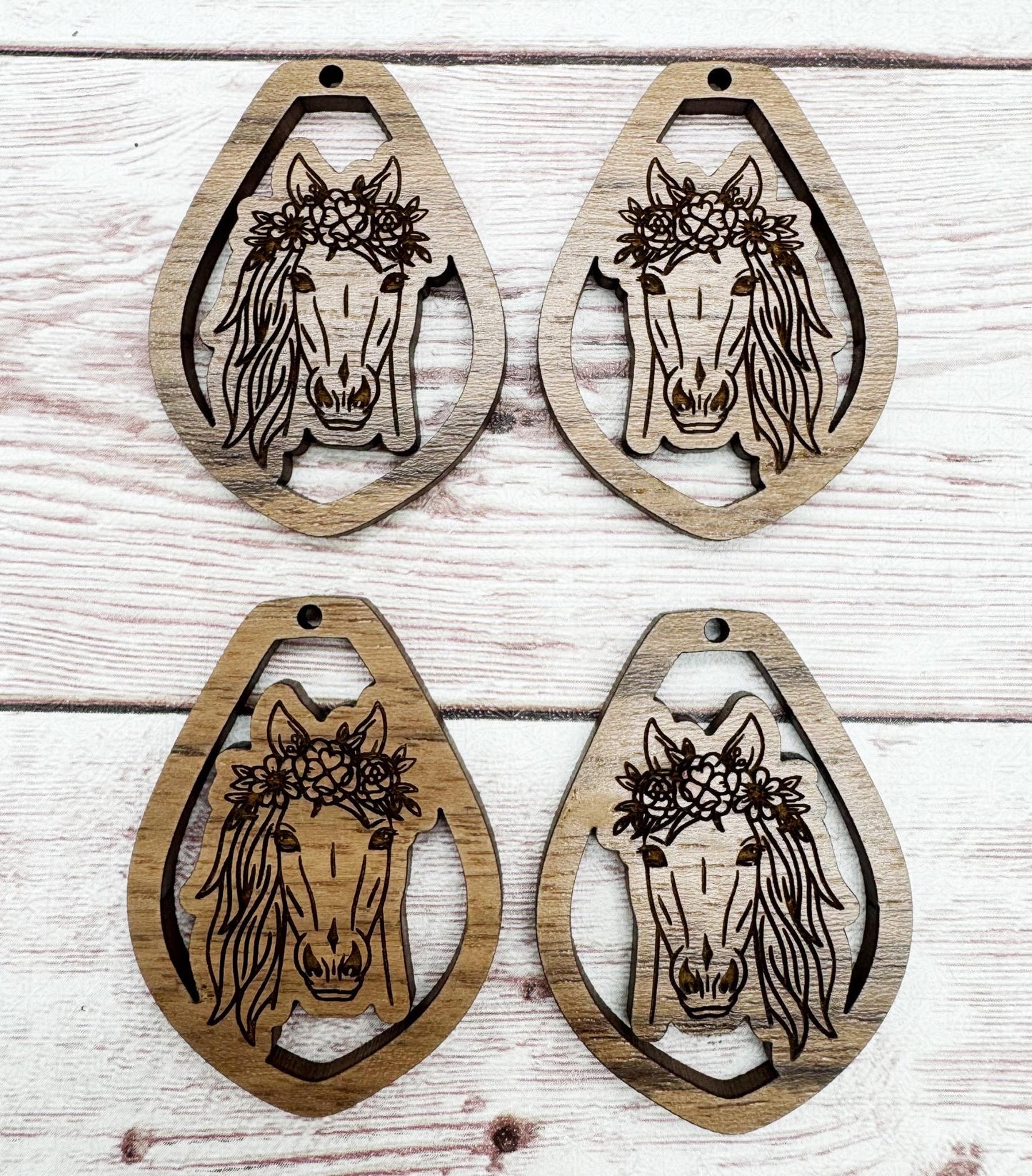 Engraved Floral Horse Earring Blanks, Finished Walnut Blank, DIY Jewelry Making