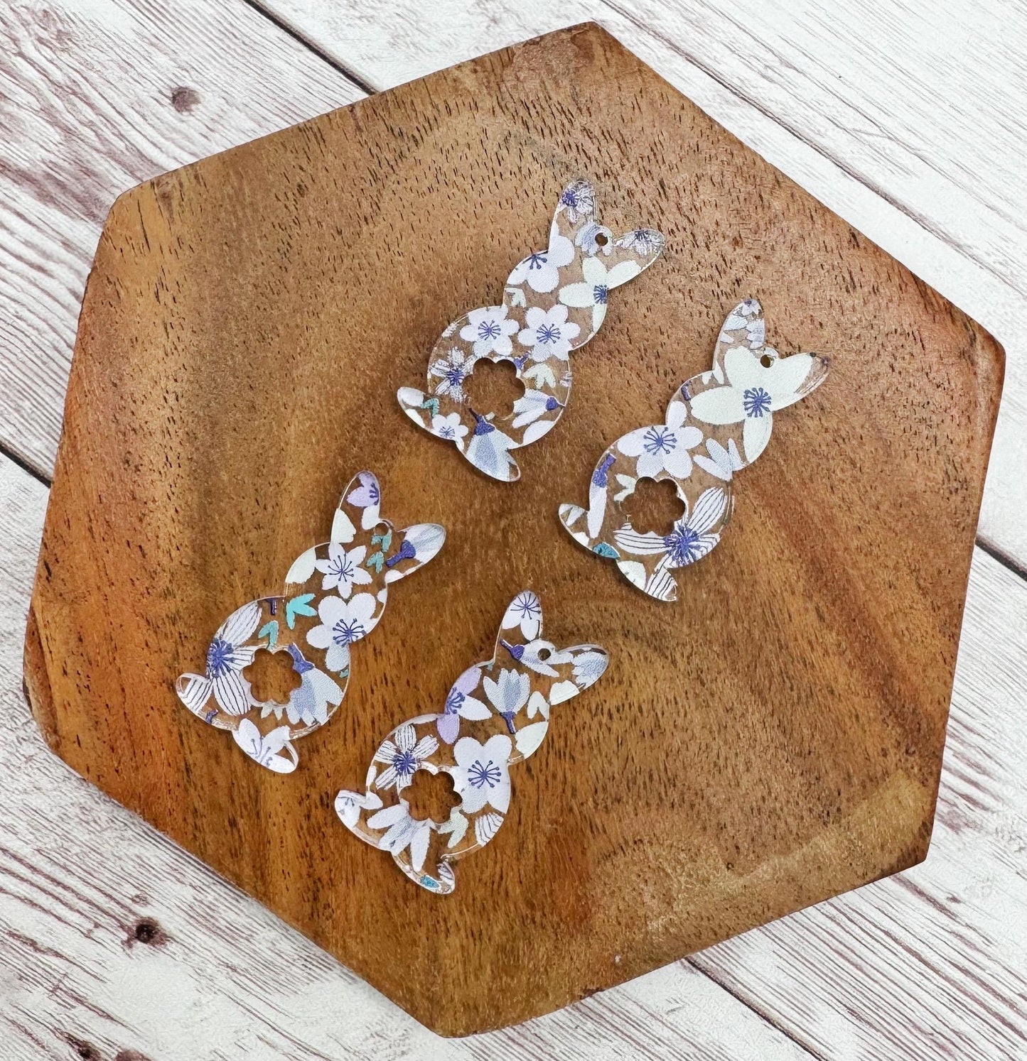 Set of 2 Pair Purple Floral Print Bunny Easter Acrylic Dangle Blanks DIY Jewelry Making