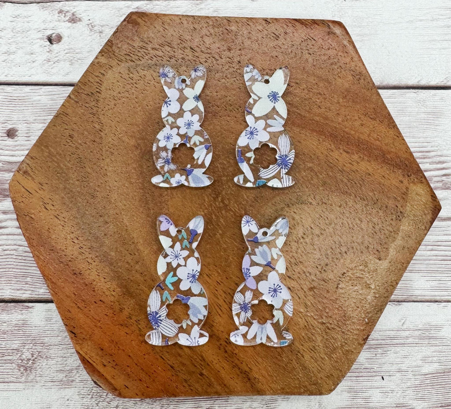 Set of 2 Pair Purple Floral Print Bunny Easter Acrylic Dangle Blanks DIY Jewelry Making