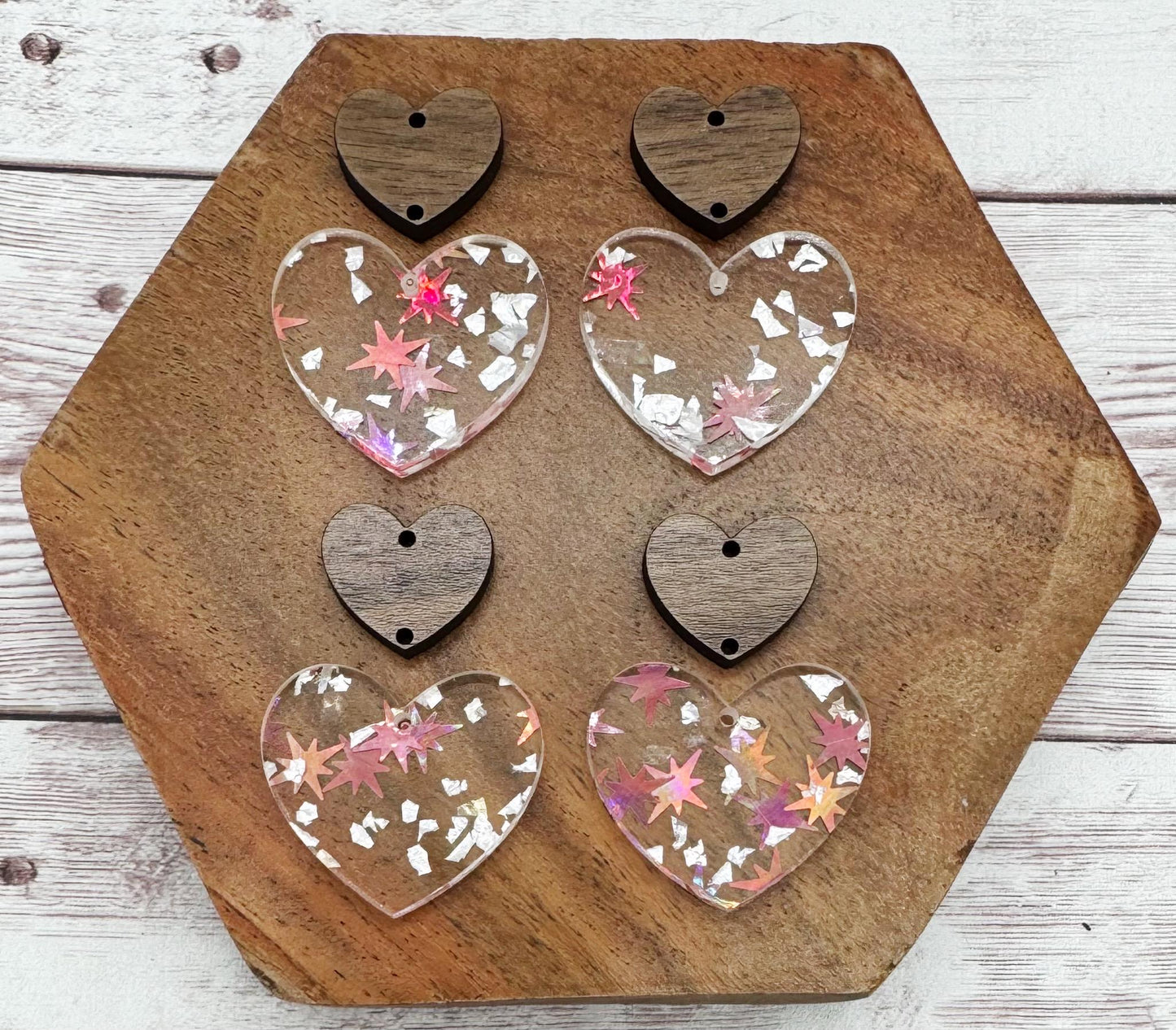 Pink and Silver Glittter Flake Acrylic and Walnut Heart Connector Valentine Earring Blanks, DIY Jewelry Making