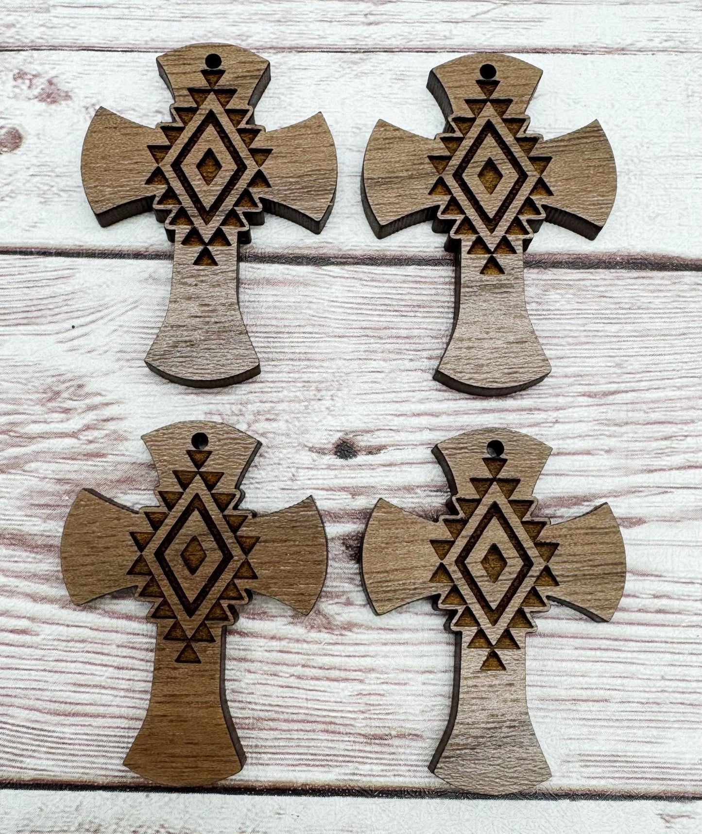 Wood Engraved Western Aztec Cross #1 Earring Blanks, Finished Walnut Blank, DIY Jewelry Making