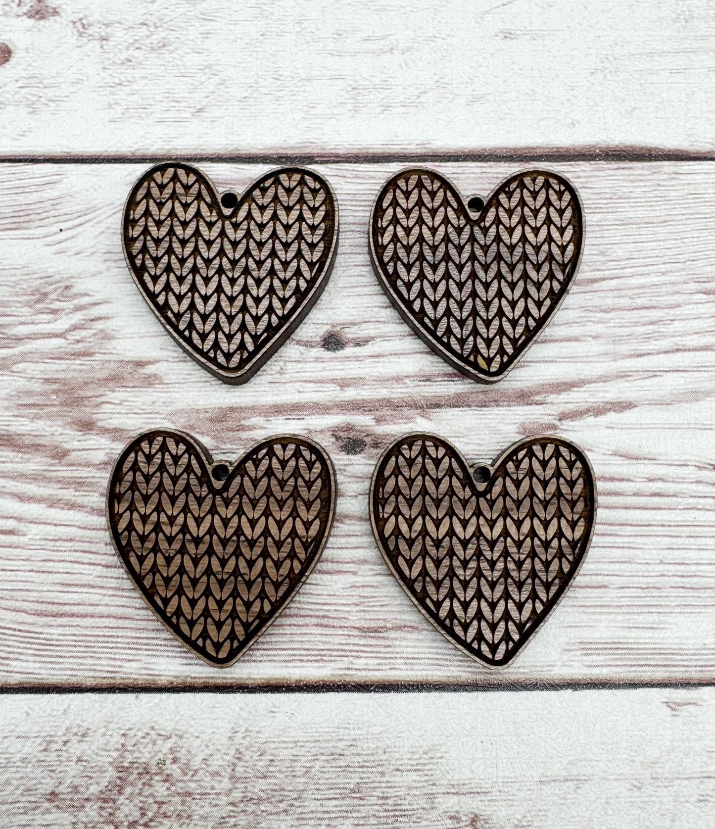 Engraved Crochet Sweater Heart Earring Blanks, Finished Walnut Blank, DIY Jewelry Making