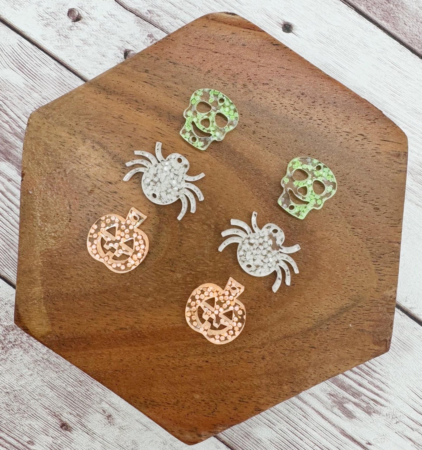 Halloween Glow in the Dark Glitter Skull Spider Pumpkin Dangle Trio Earring Blanks, DIY Jewelry Making