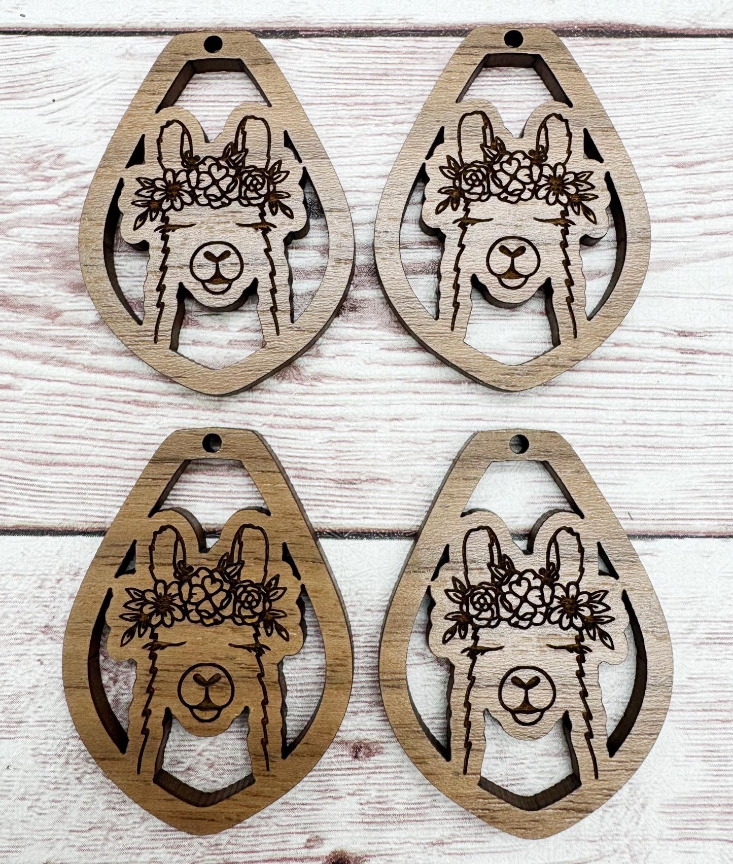 Engraved Floral Llama Animal Earring Blanks, Finished Walnut Blank, DIY Jewelry Making