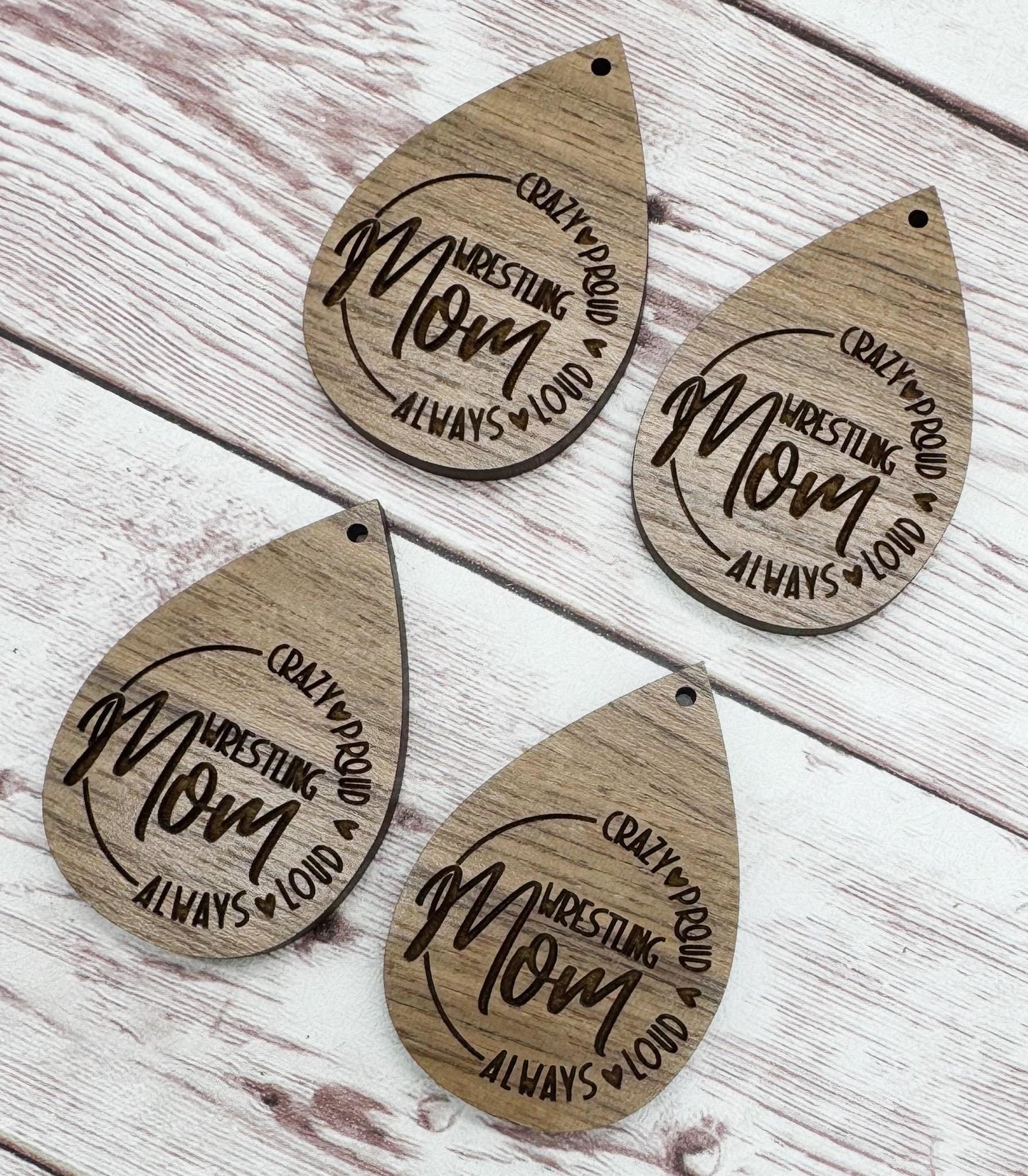 Wood Engraved Wrestling Mom Crazy Proud Sports Earring Blanks, Finished Walnut Blank, DIY Jewelry Making