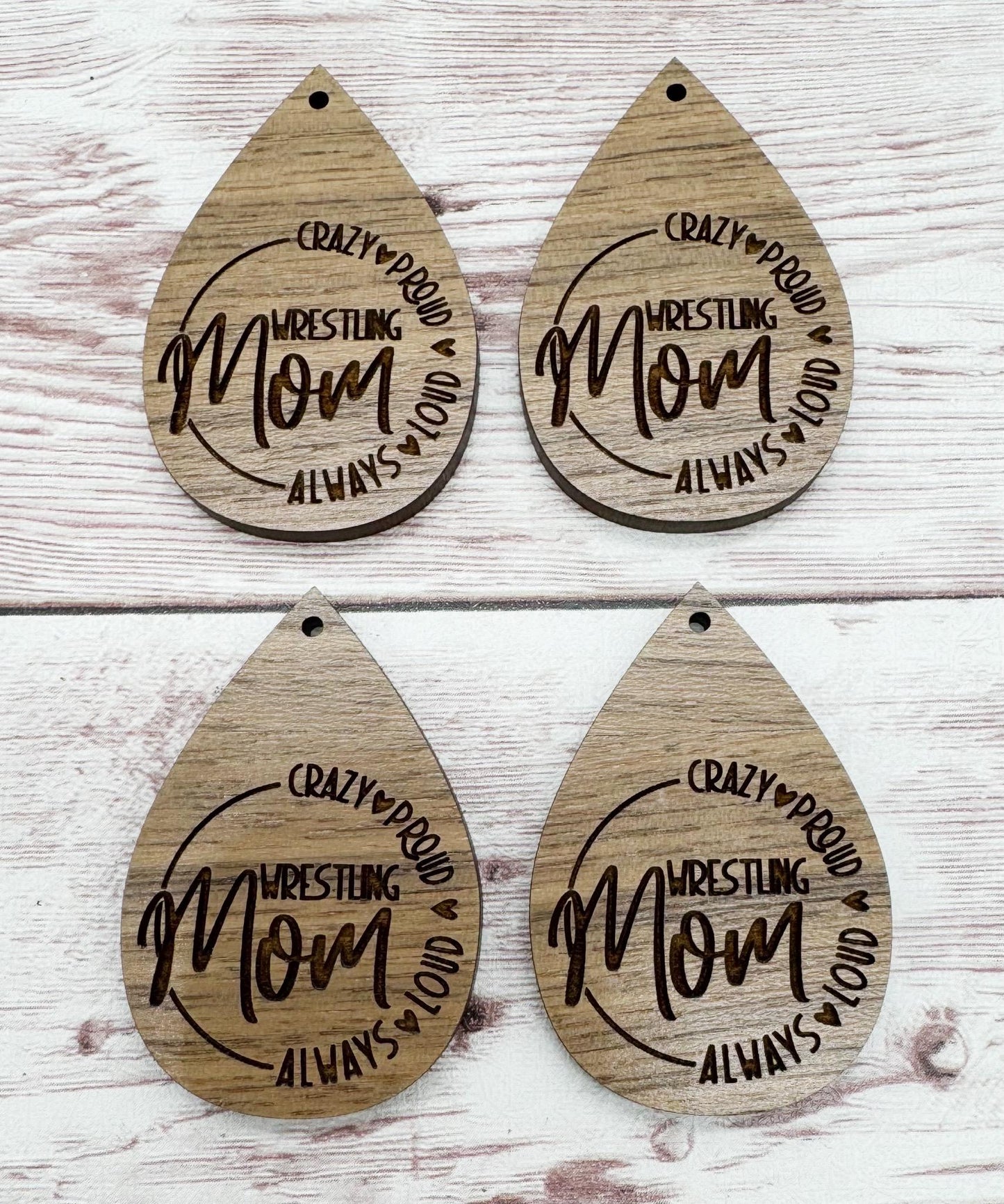 Wood Engraved Wrestling Mom Crazy Proud Sports Earring Blanks, Finished Walnut Blank, DIY Jewelry Making