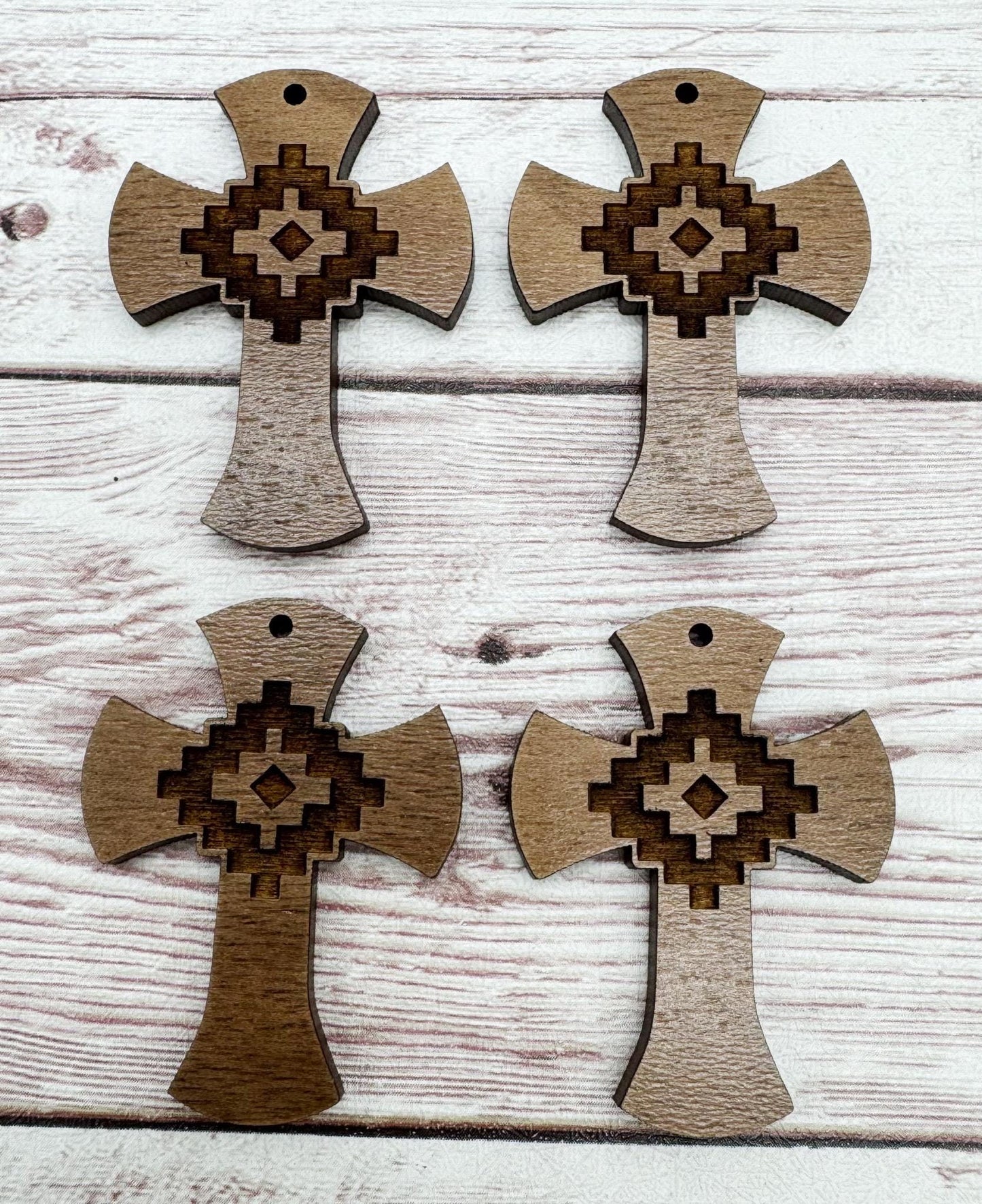 Wood Engraved Western Aztec Cross #2 Earring Blanks, Finished Walnut Blank, DIY Jewelry Making