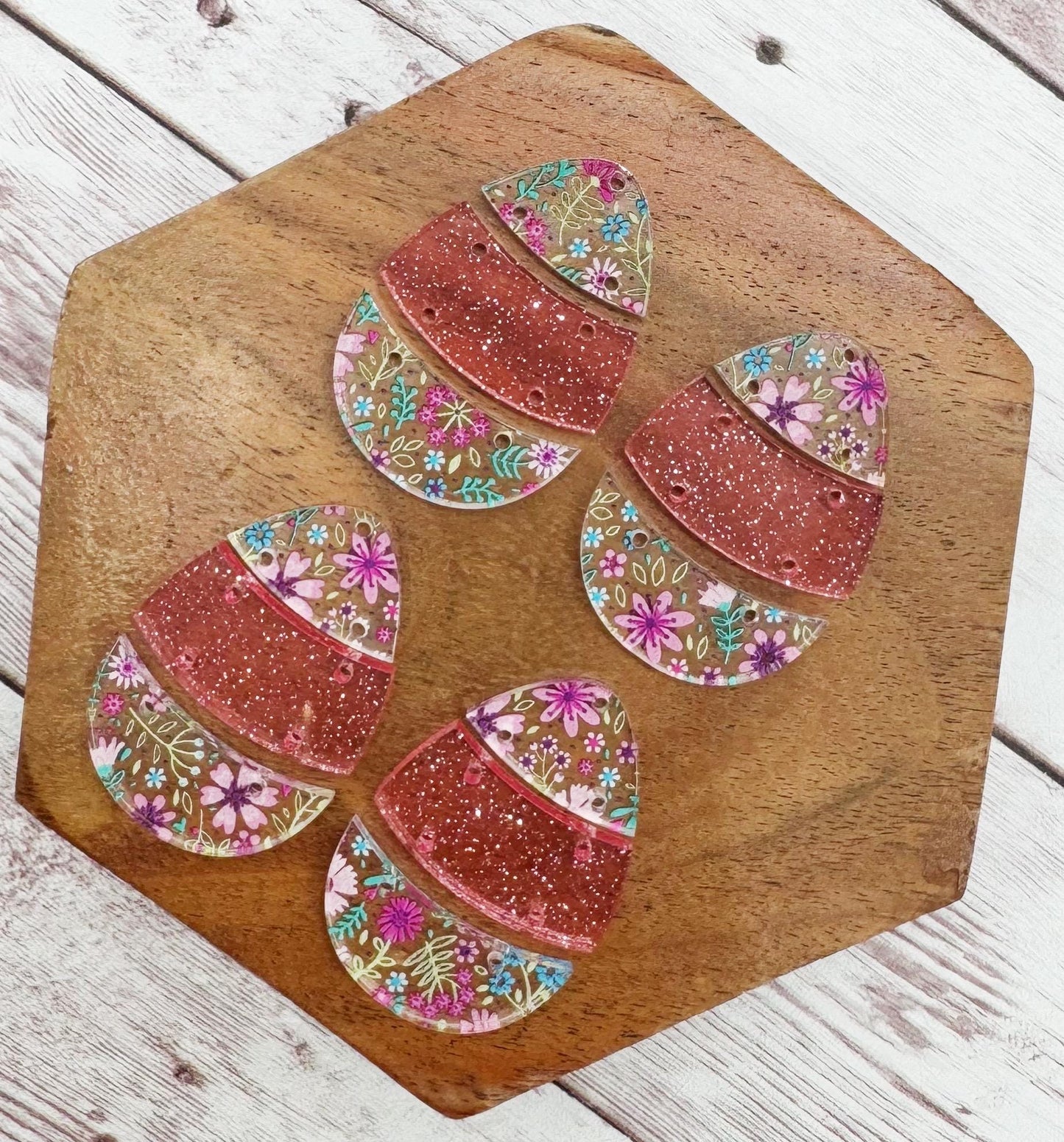Spring Floral and Pink Glitter Easter Egg Trio Earring Blanks, DIY Jewelry Making