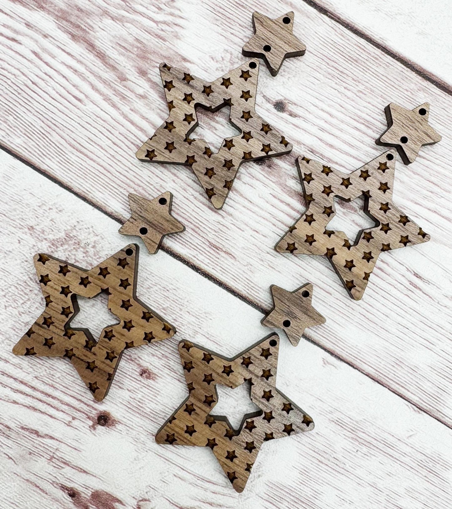 Patriotic Engraved Stars and Wood Star Connector Earring Blanks, 4th of July, DIY Jewelry Making