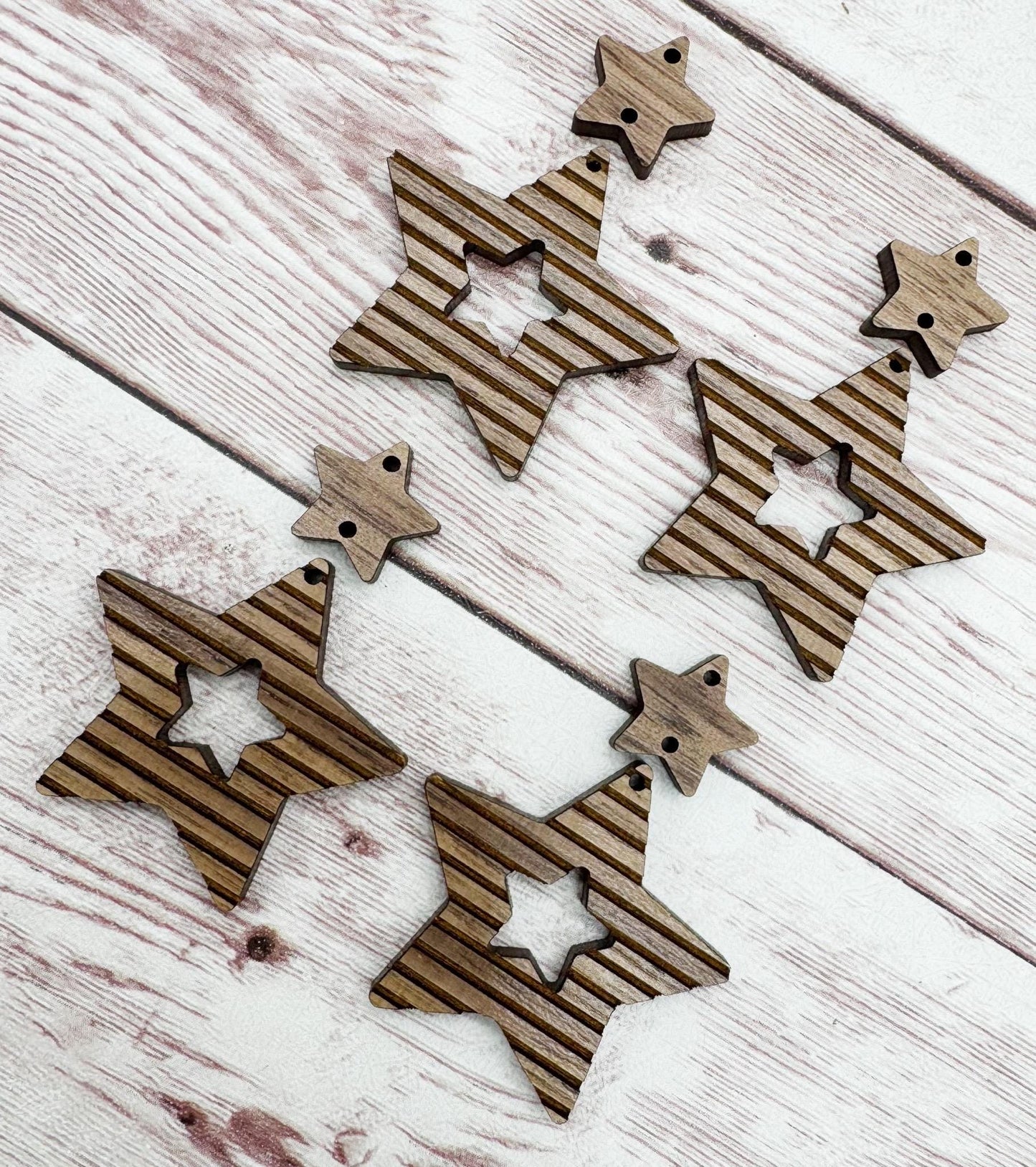 Patriotic Engraved Stripes and Wood Star Connector Earring Blanks, 4th of July, DIY Jewelry Making