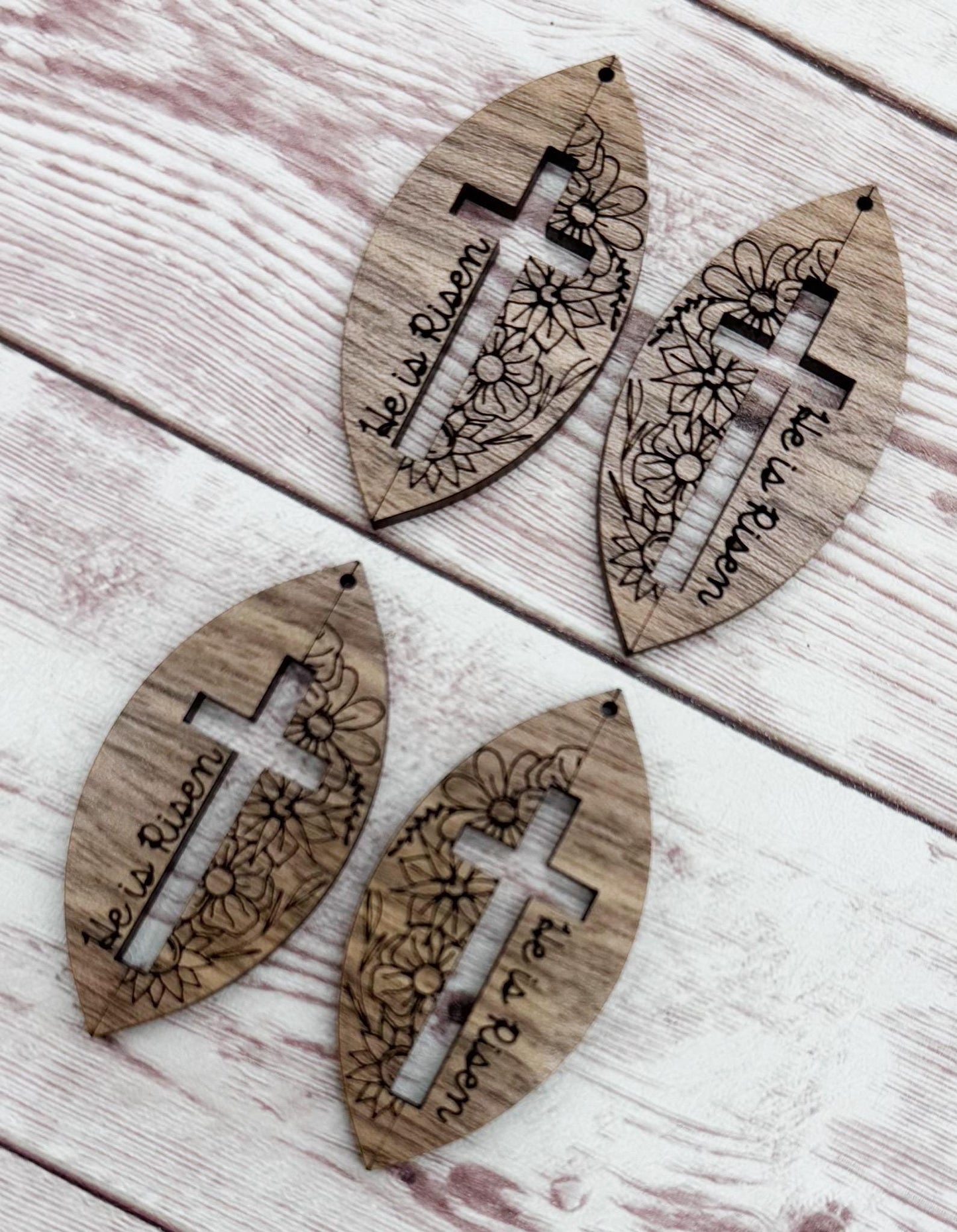 Wood Half Floral Engraved He is Risen Cut Out Cross Easter Earring Blanks, Finished Walnut Blank, DIY Jewelry Making