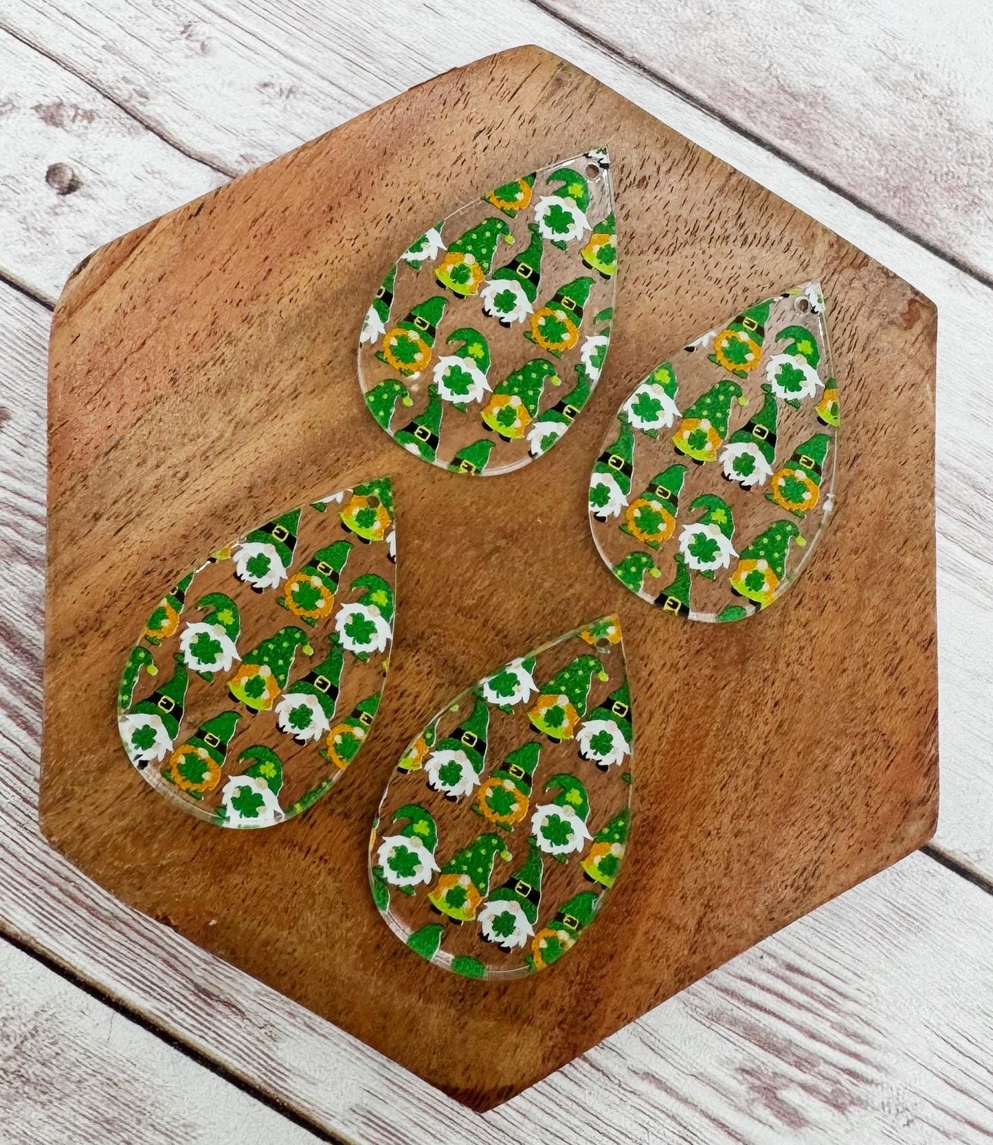 Patterned St. Patrick’s Day Gnome Print Acrylic Teardrop Earring Blanks, DIY Jewelry Making