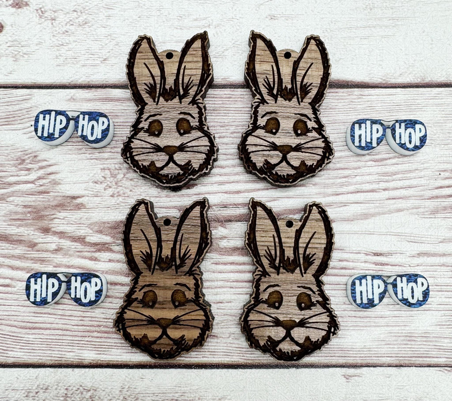 Engraved Easter Bunny with Blue Glasses Spring Earring Blanks, DIY Jewelry Making
